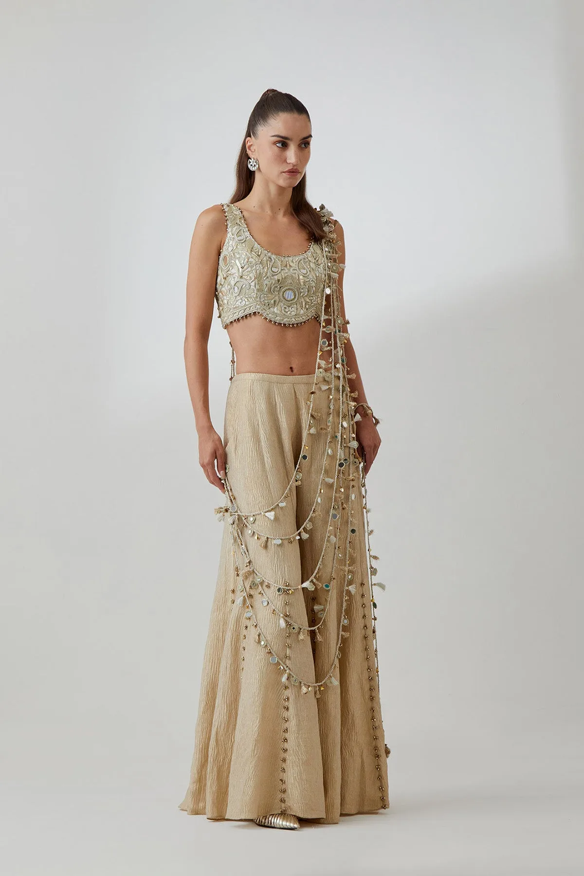 Off-White Organza Embroidered Choli And Gold Crushed Tissue Sharara With Attached Dori Tassels by Payal Singhal in off white, view 2