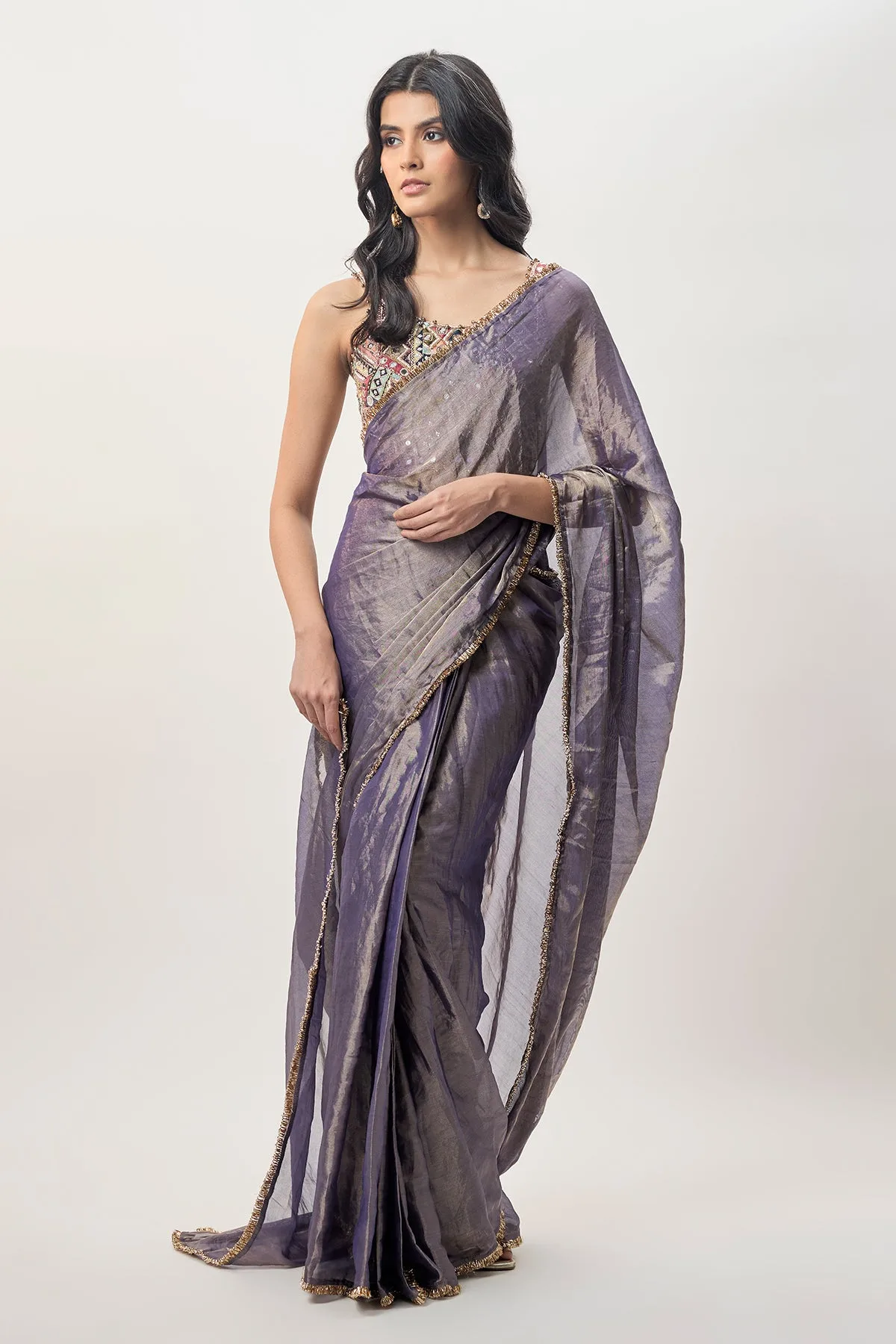 Niusha Purple Georgette Embroidered Choli and Pre-Stitched Tissue Saree by Payal Singhal