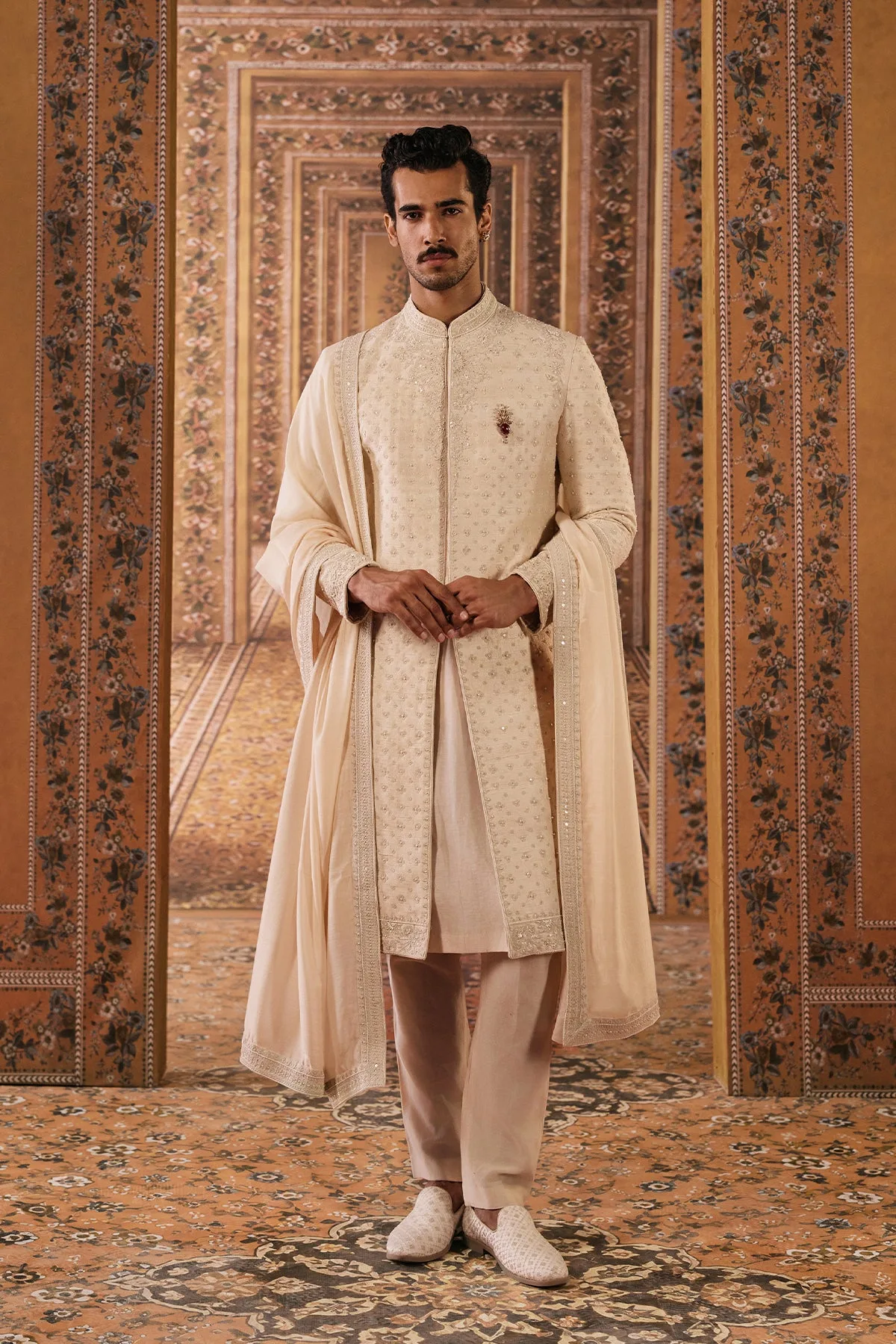 Bandish Sherwani Set by Ridhi Mehra in light beige