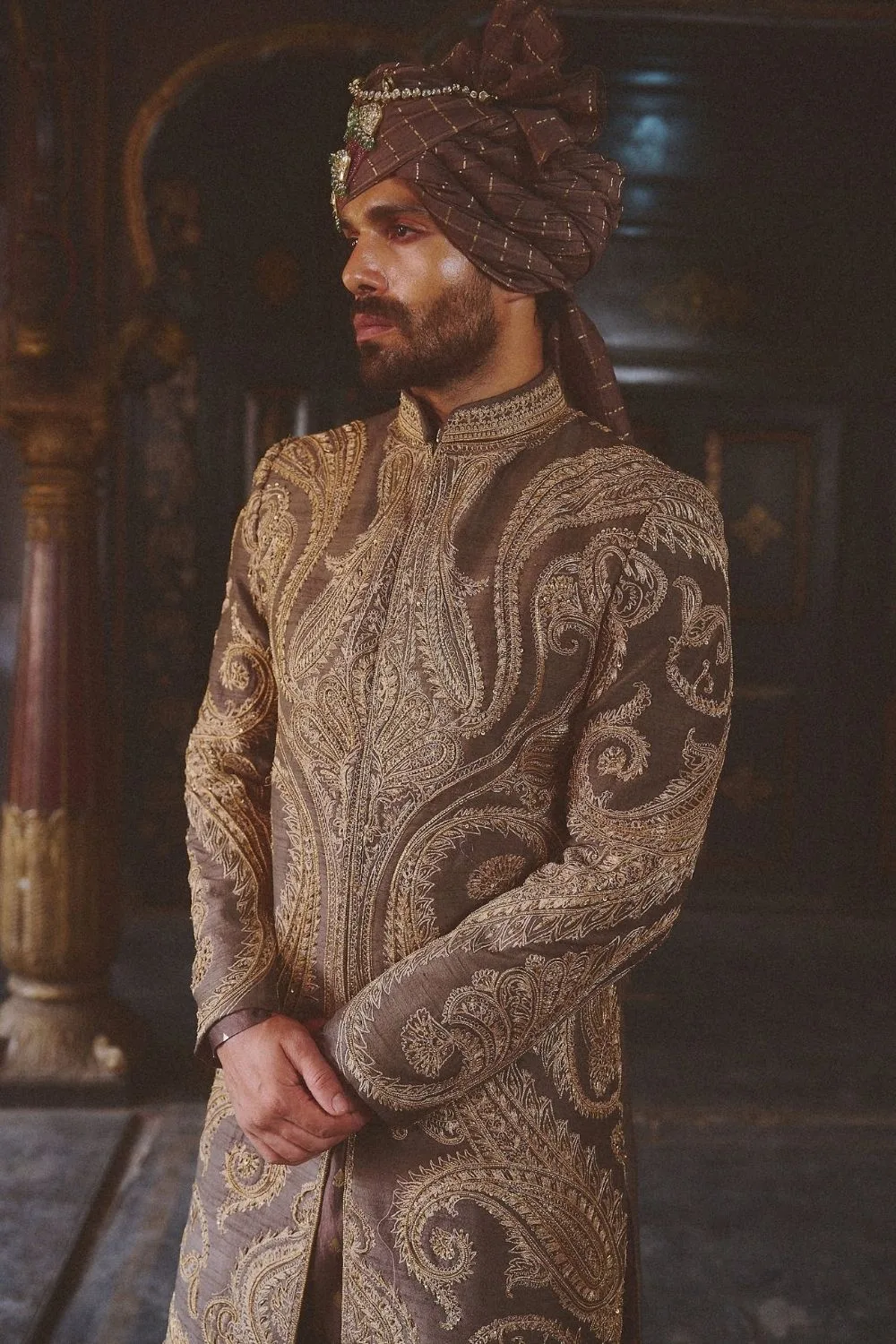 Yavjan Sherwani by Jigar Mali in purple, view 2