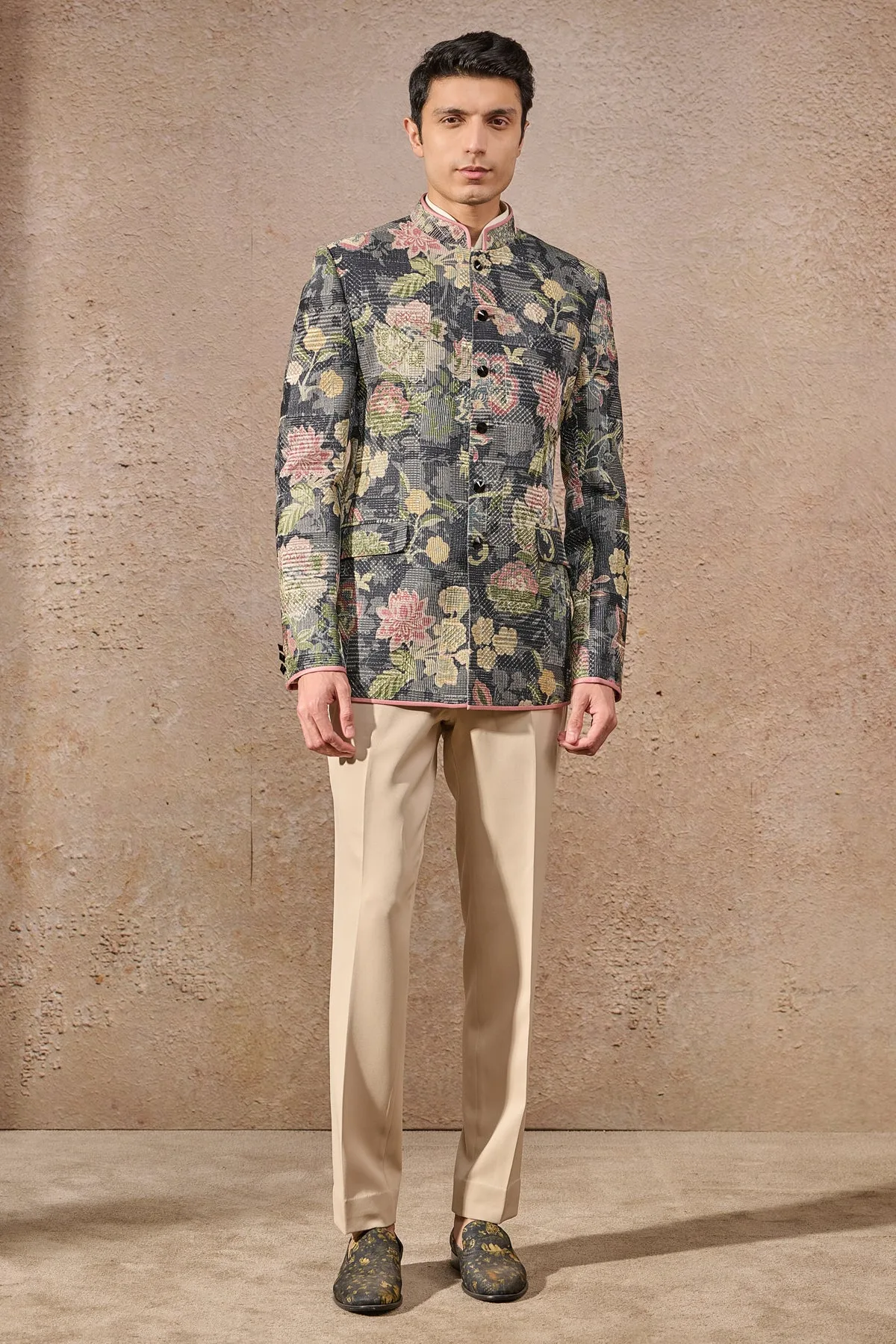 Languid Summer Textured Floral Bandhgala by Tarun Tahiliani