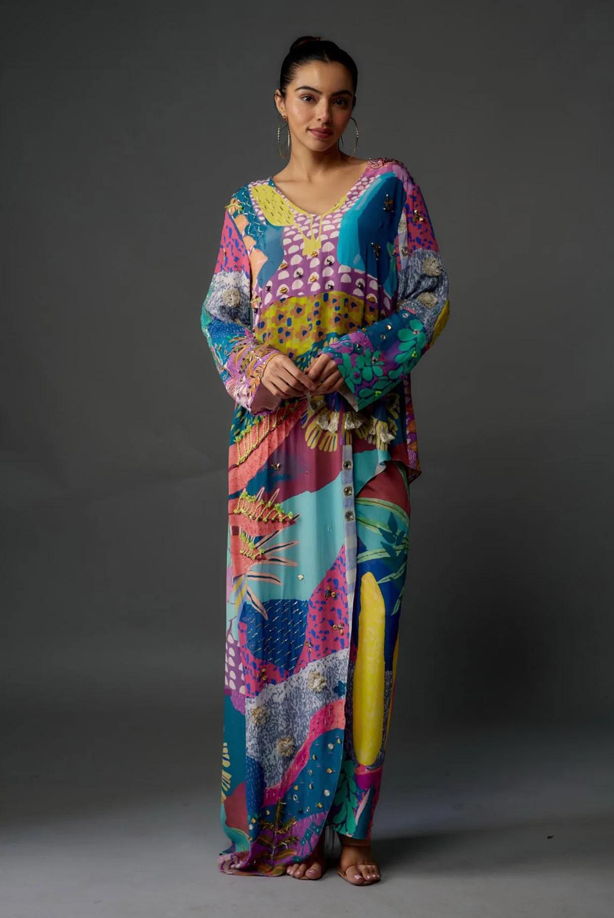 Purple Tropical Print Crepe Embroidered Kurta With Cropped Palazzo by Payal Singhal