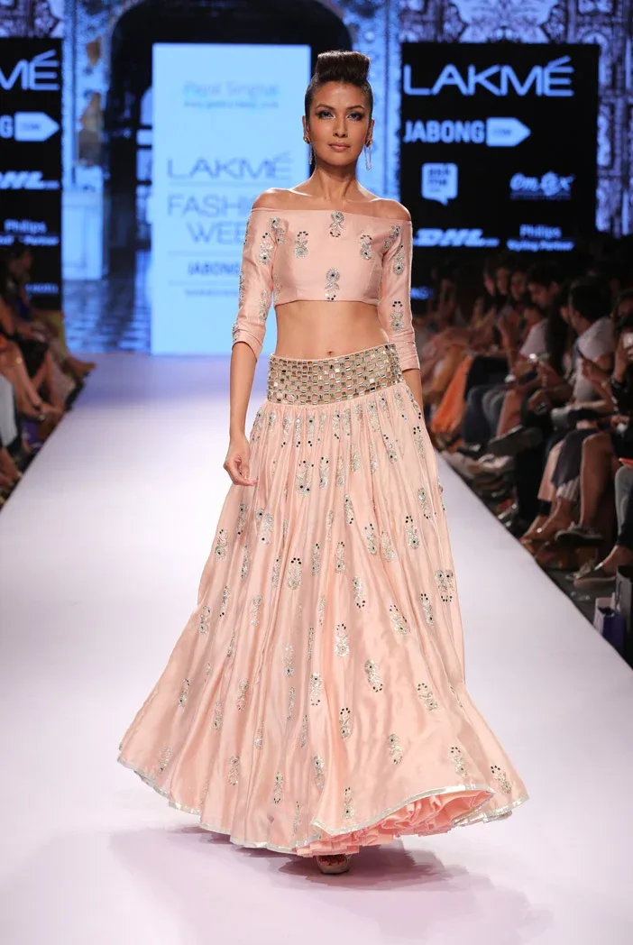 Afroza Blush Silkmul Off Shoulder Choli with Lehenga by Payal Singhal