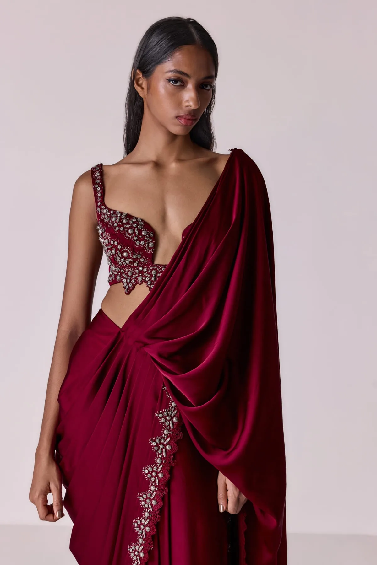Clap Two by Qbik, maroon sari, view 4