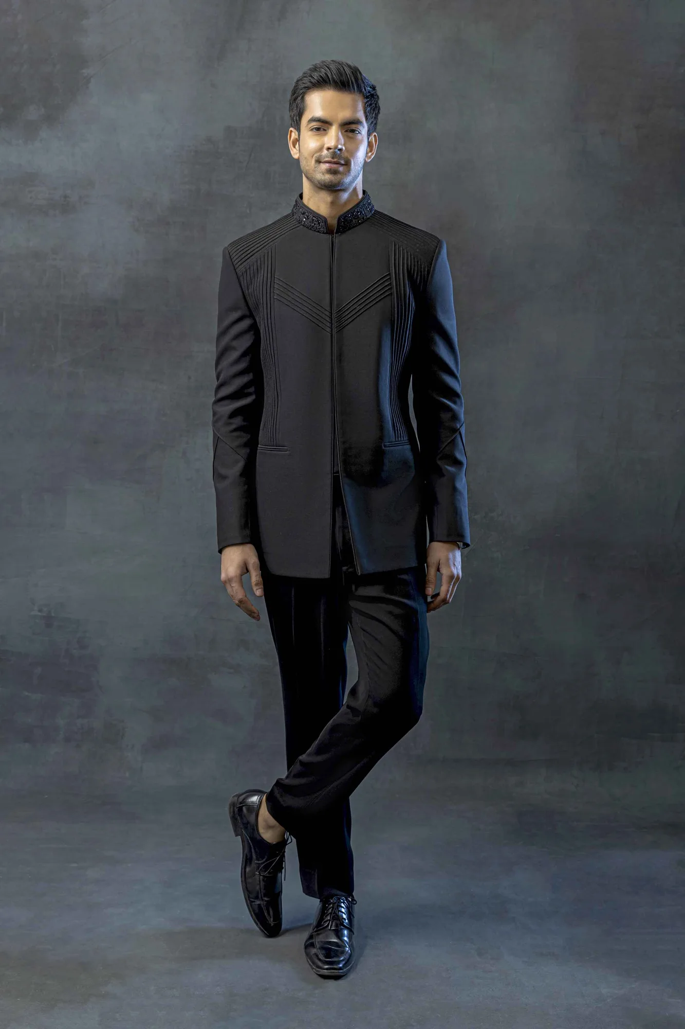Black Pintuck Bandhgala Set by Sarab Khanijou