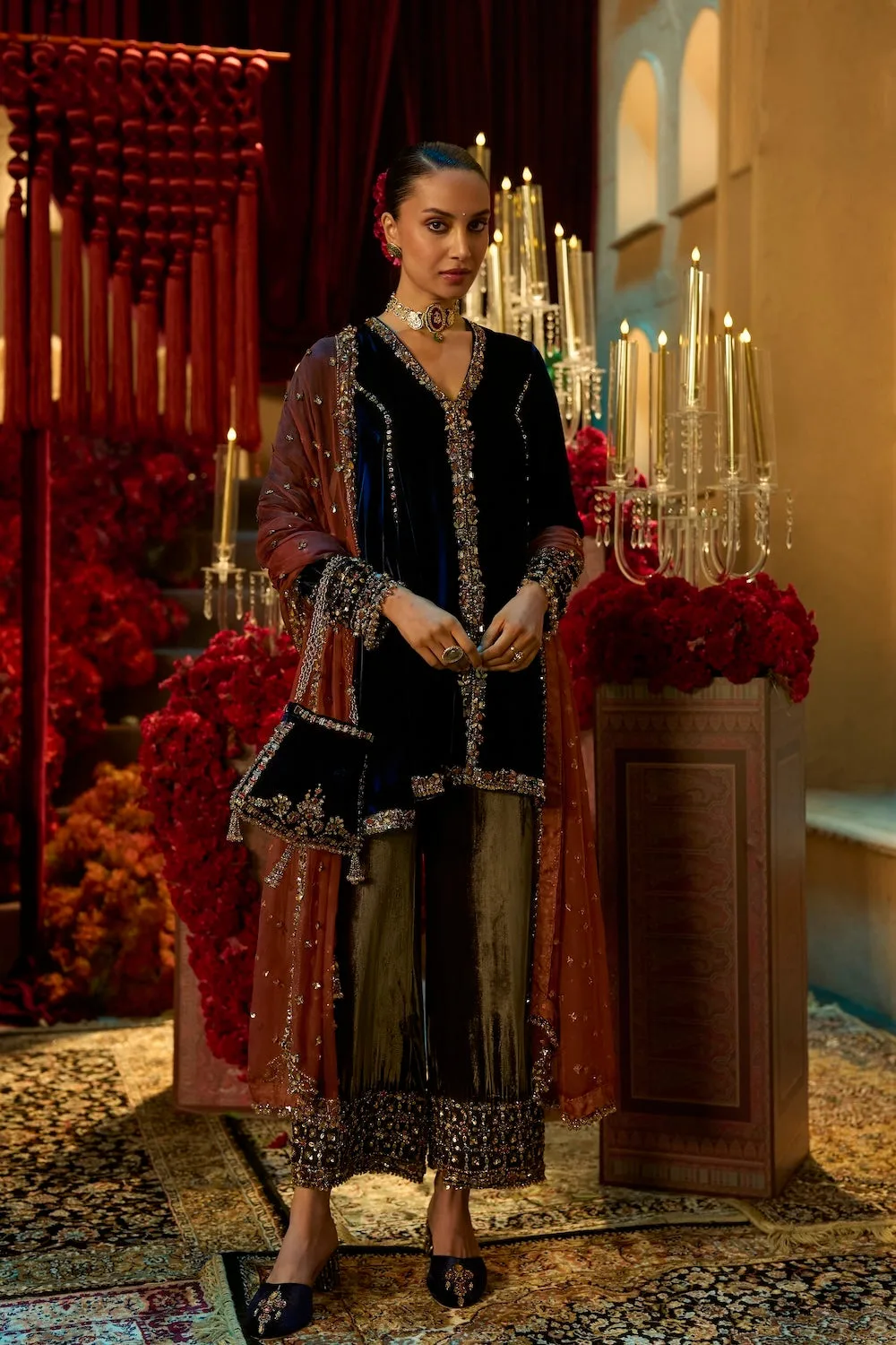Navy Blue Velvet Pant Set by Seema Gujral, navy blue sari