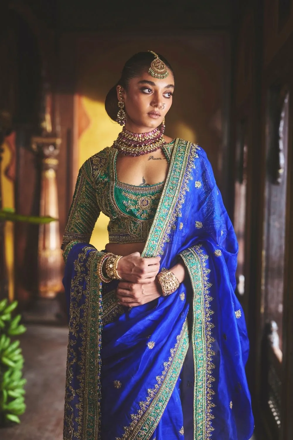 Saumya Silk Saree by Jigar Mali in peacock blue, view 2