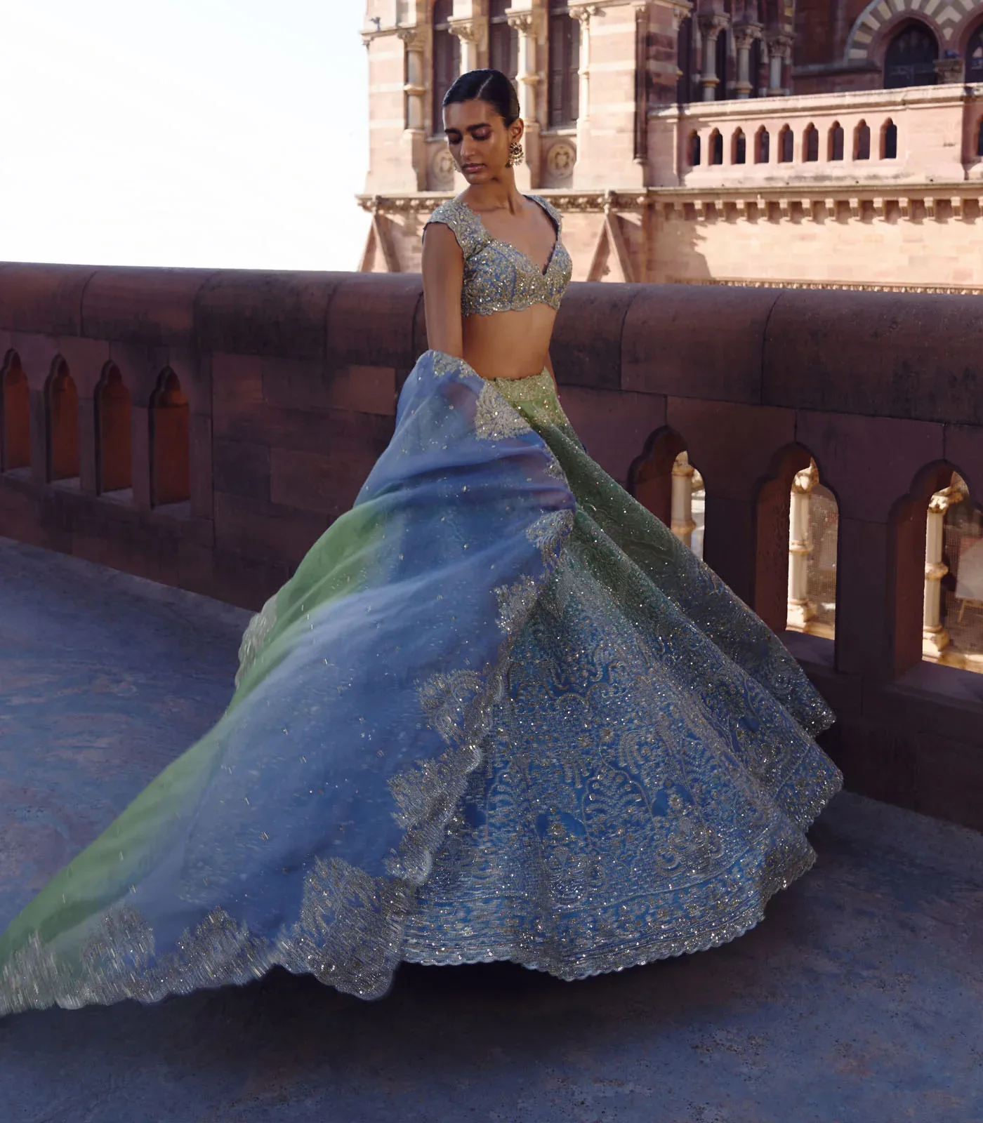 Green to Blue Ombre Crystal Lehenga Set by Anushree Reddy