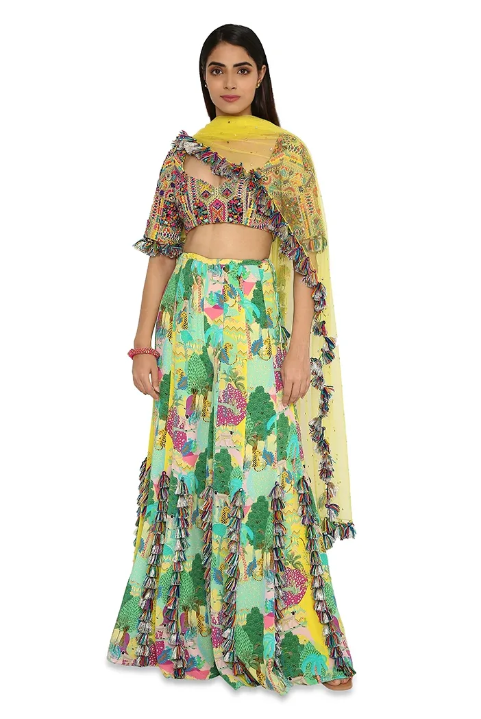 Adana Yellow Colour Georgette Embroidered Choli with Yellow Colour Sharara and Yellow Mukaish Organza Dupatta by Payal Singhal