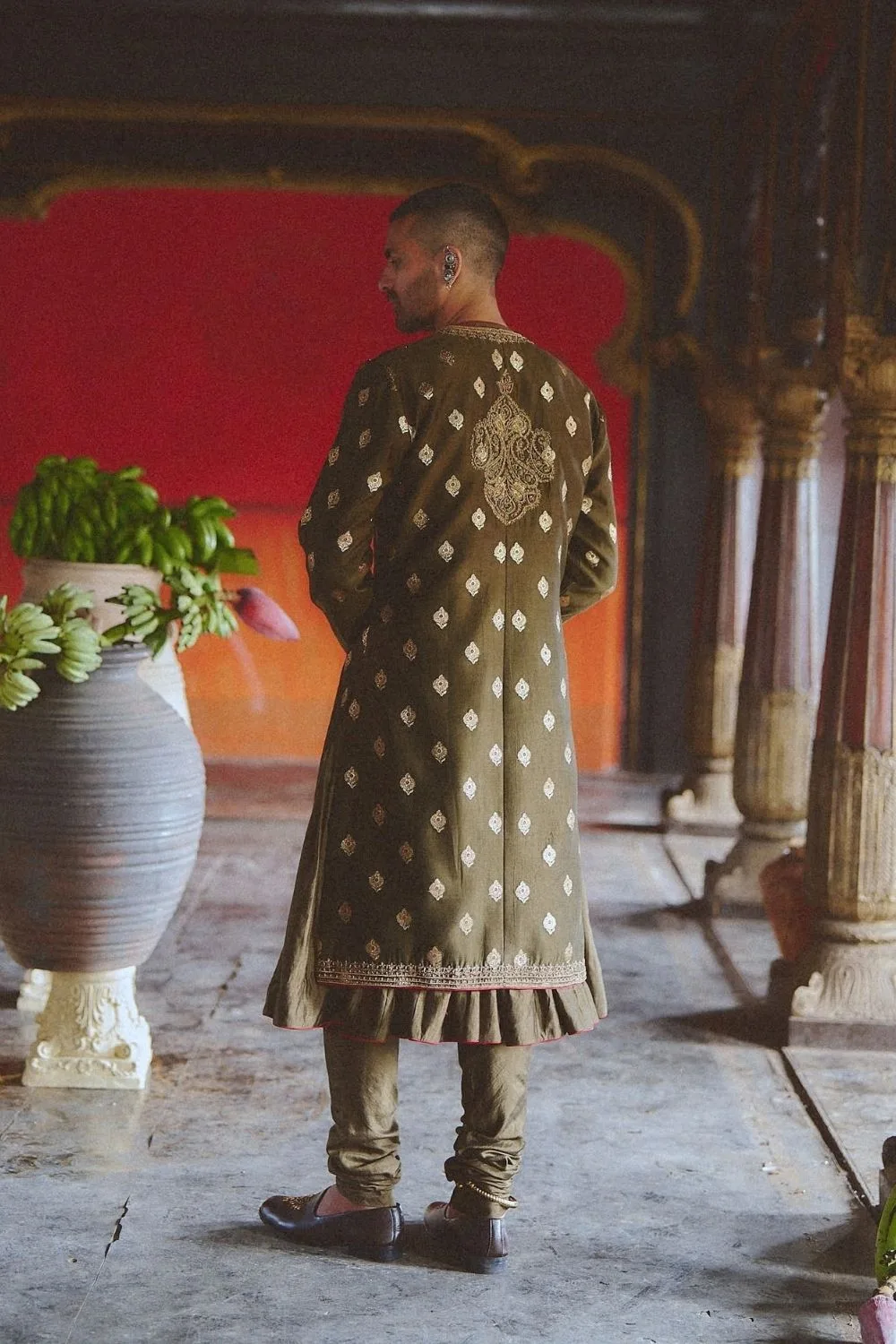 Yagya Angrakha by Jigar Mali, olive sherwani, view 4