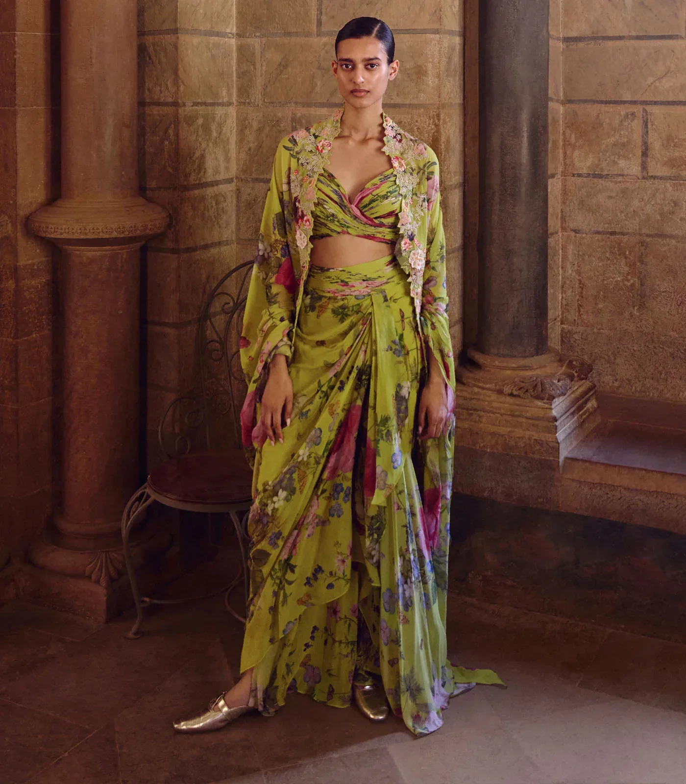 Green Printed 3D Utsa Rushing Cape Set by Anushree Reddy