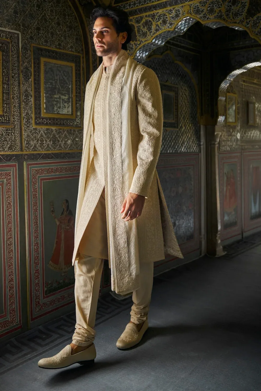 Champagne Thread Work Sherwani Set by Seema Gujral