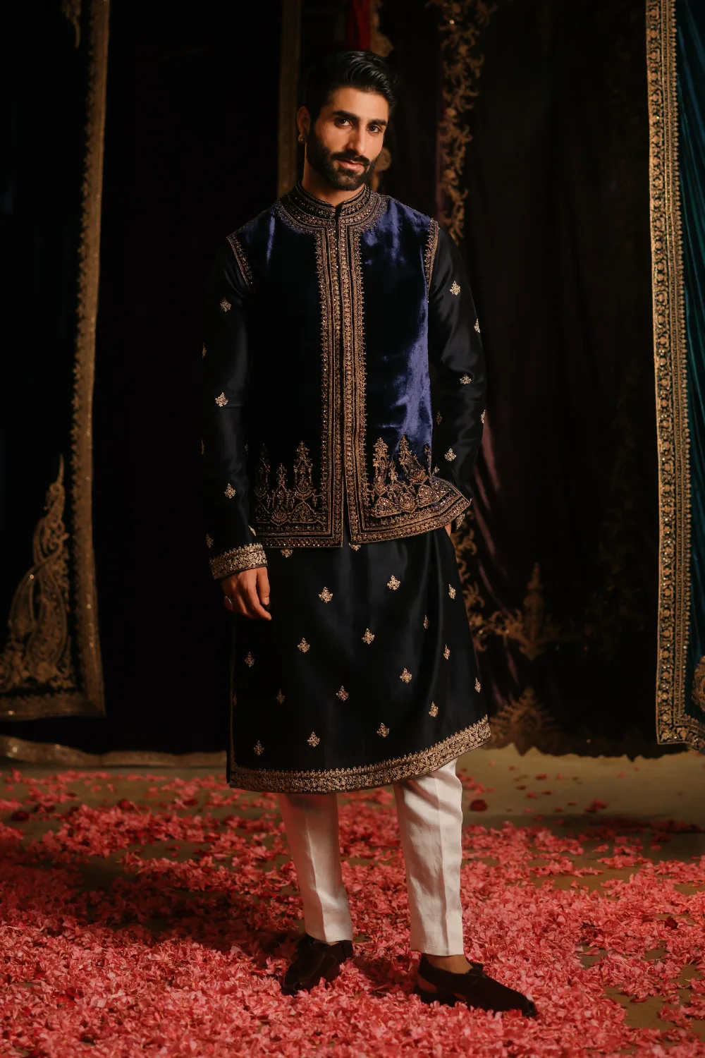 Zunair Jacket Set by Jigar Mali in navy blue, view 3