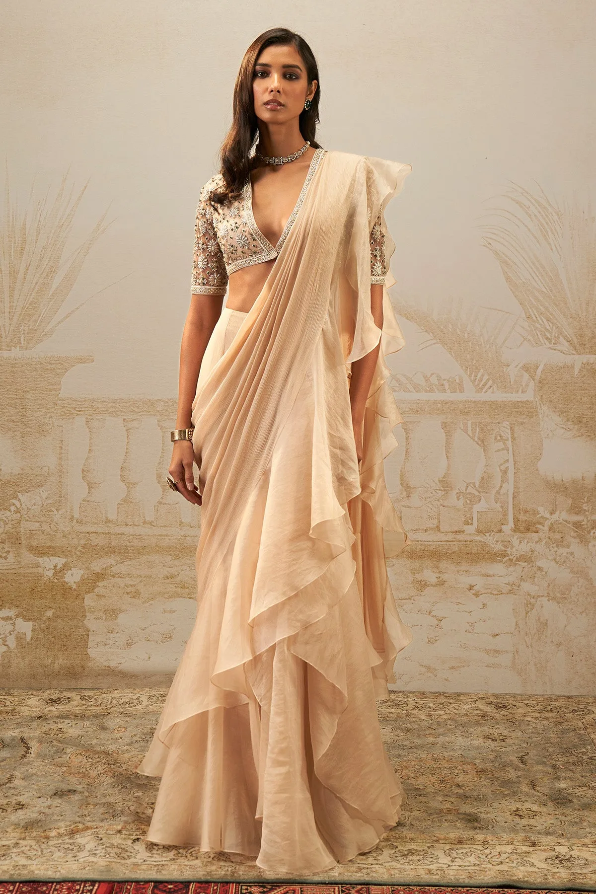 Sneh Ruffle Saree Set by Ridhi Mehra in beige