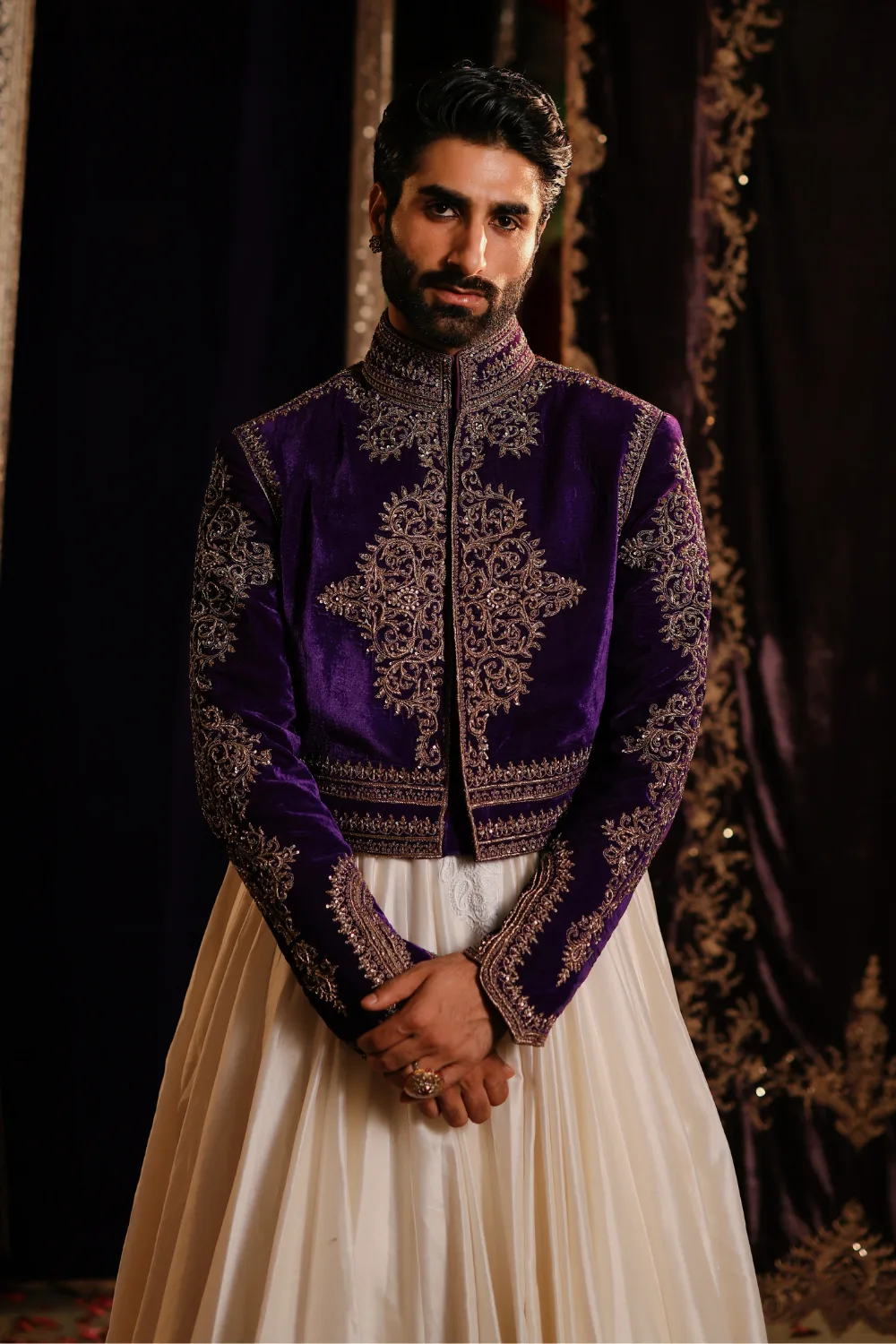 Aabid Jacket Set by Jigar Mali in ivory, view 2