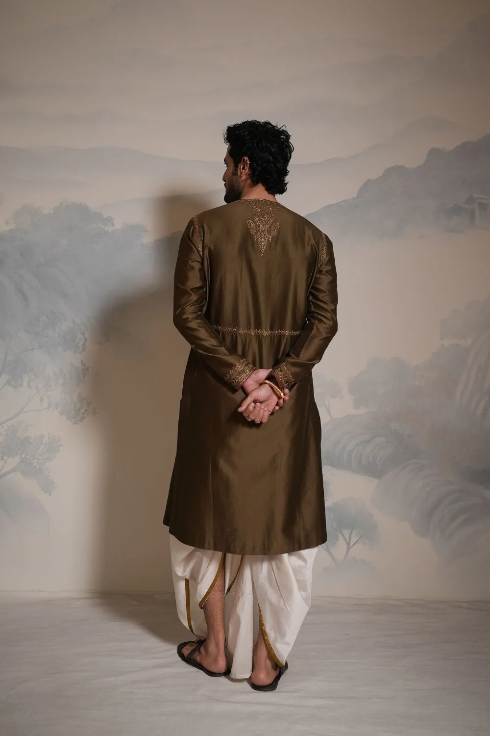 Tejas Angrakha Set by Jigar Mali, olive sherwani, view 3