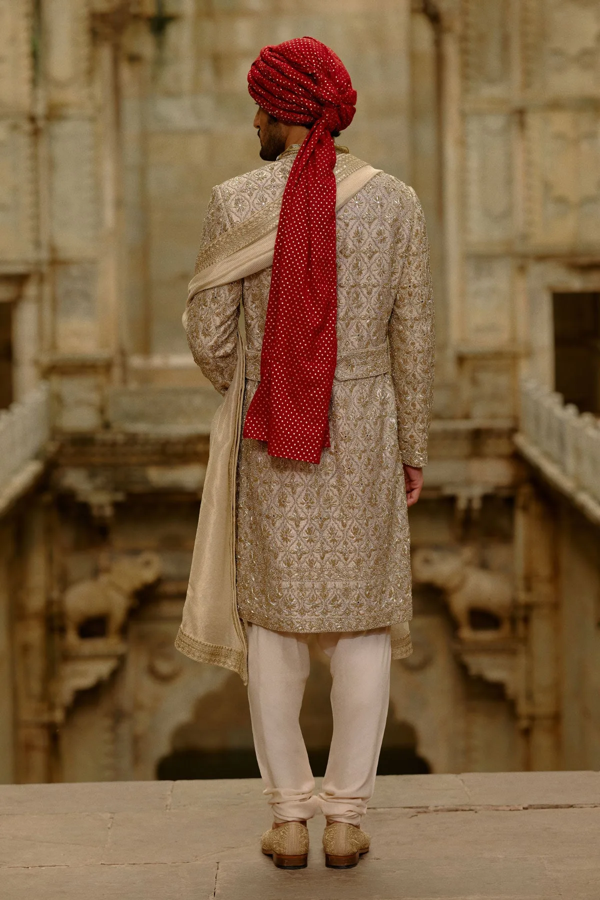Gold Zardozi Sherwani Set by Nitika Gujral, view 3