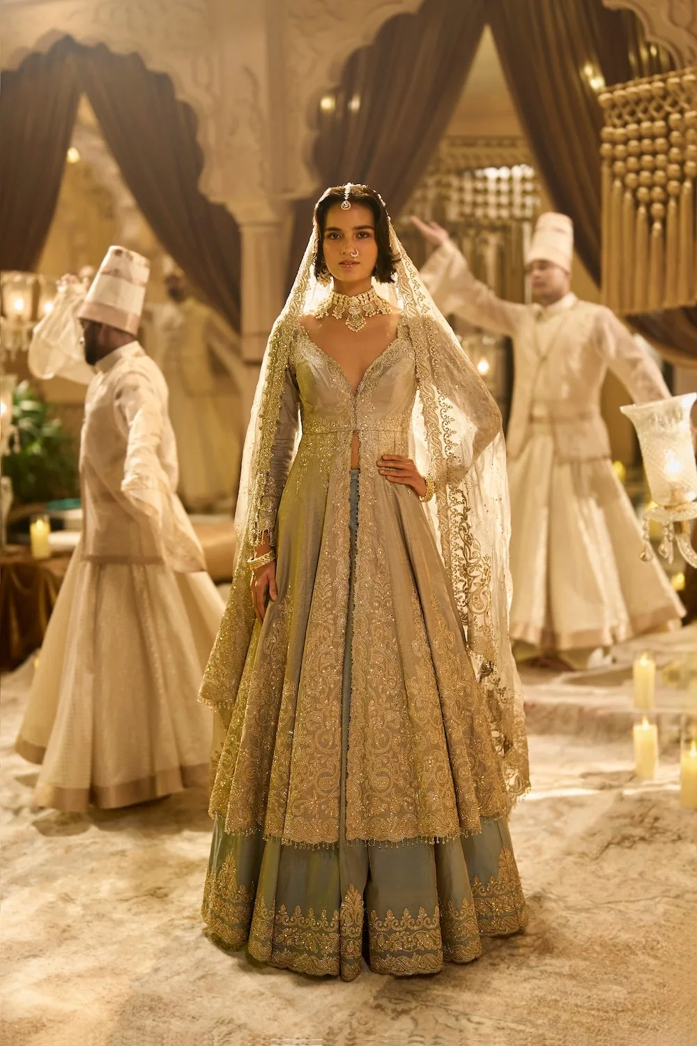 Ice Blue Tissue Jacket Lehenga Set by Seema Gujral, ice blue sari