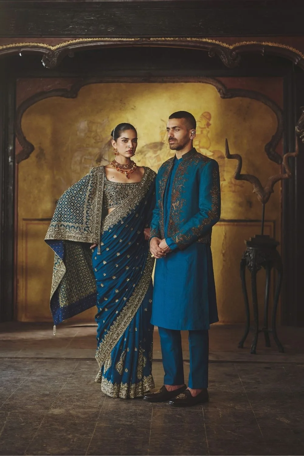 Vratesh Jacket Set by Jigar Mali in teal, view 4