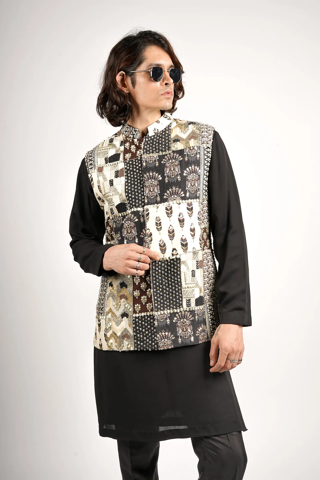 Shyam Patchwork Bundi Set by SVA, ivory sherwani, view 3