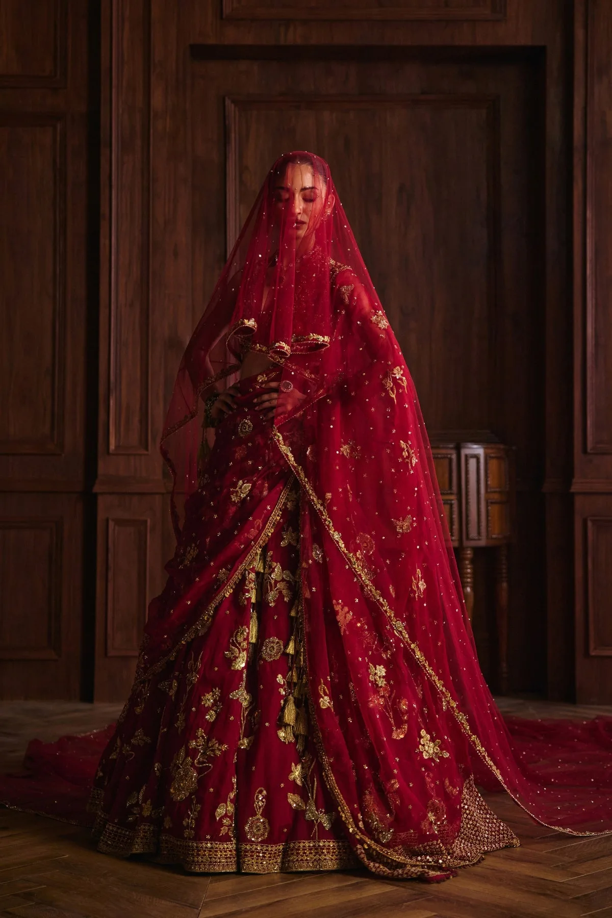Nooran by Mahima Mahajan, crimson lehenga, view 4