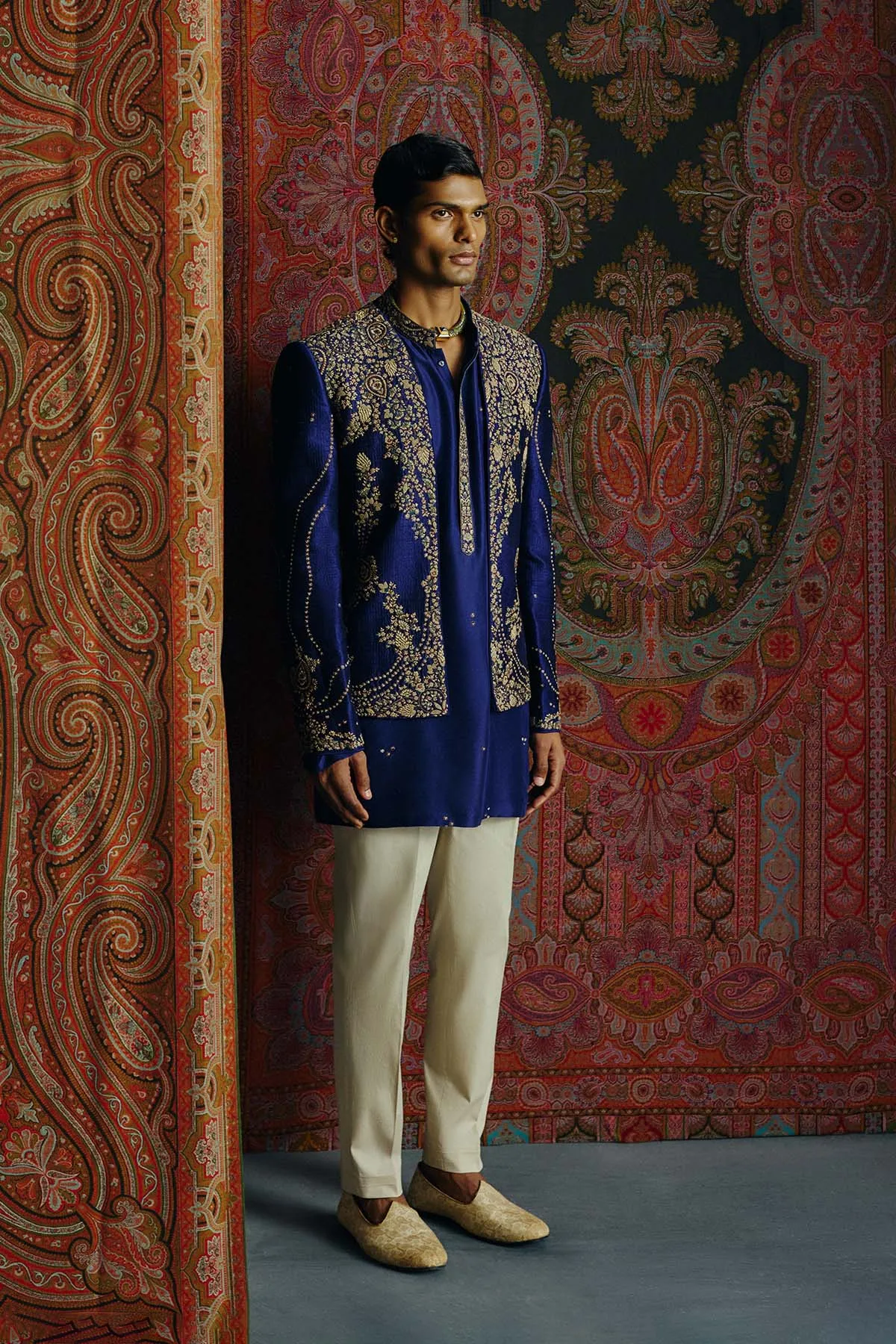 Blue Heritage Open Jacket with Kurta & Pant Set by Dolly J