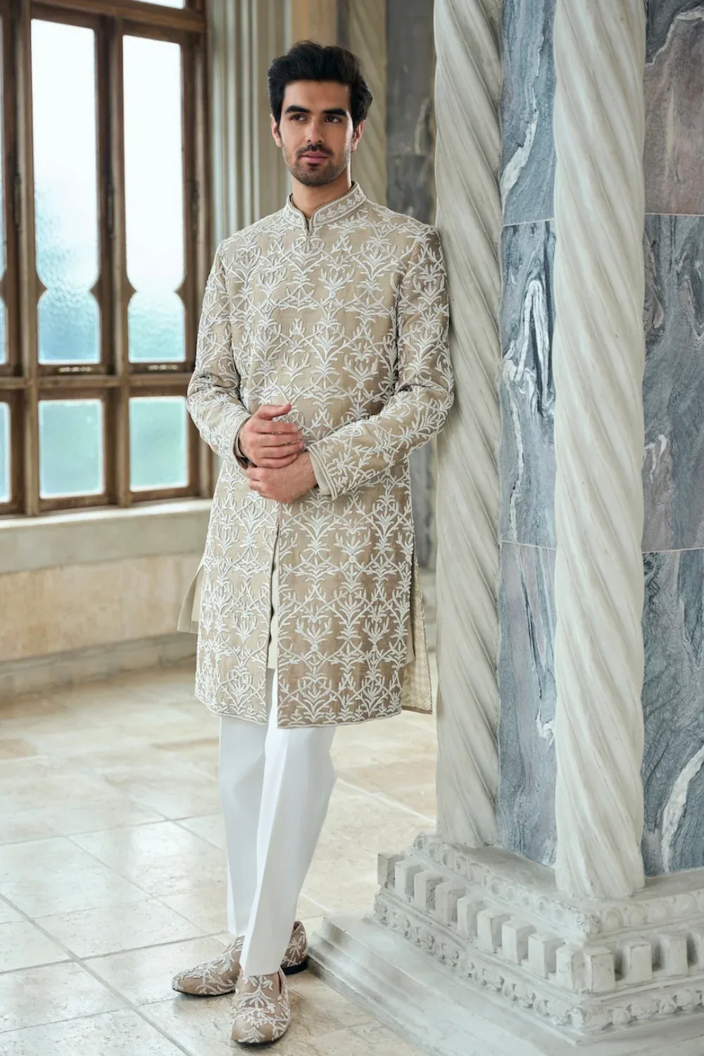 Coffee Sherwani Set by Seema Gujral