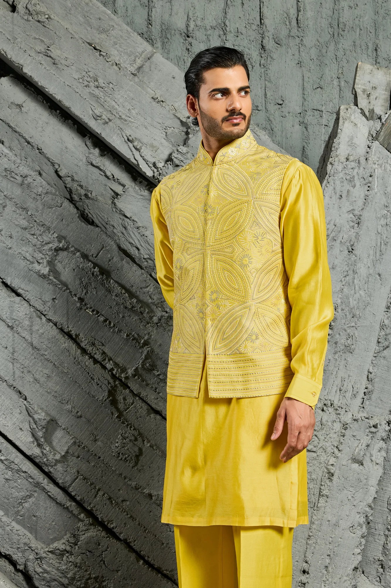 Yellow Sunray Waistcoat Set by Sarab Khanijou