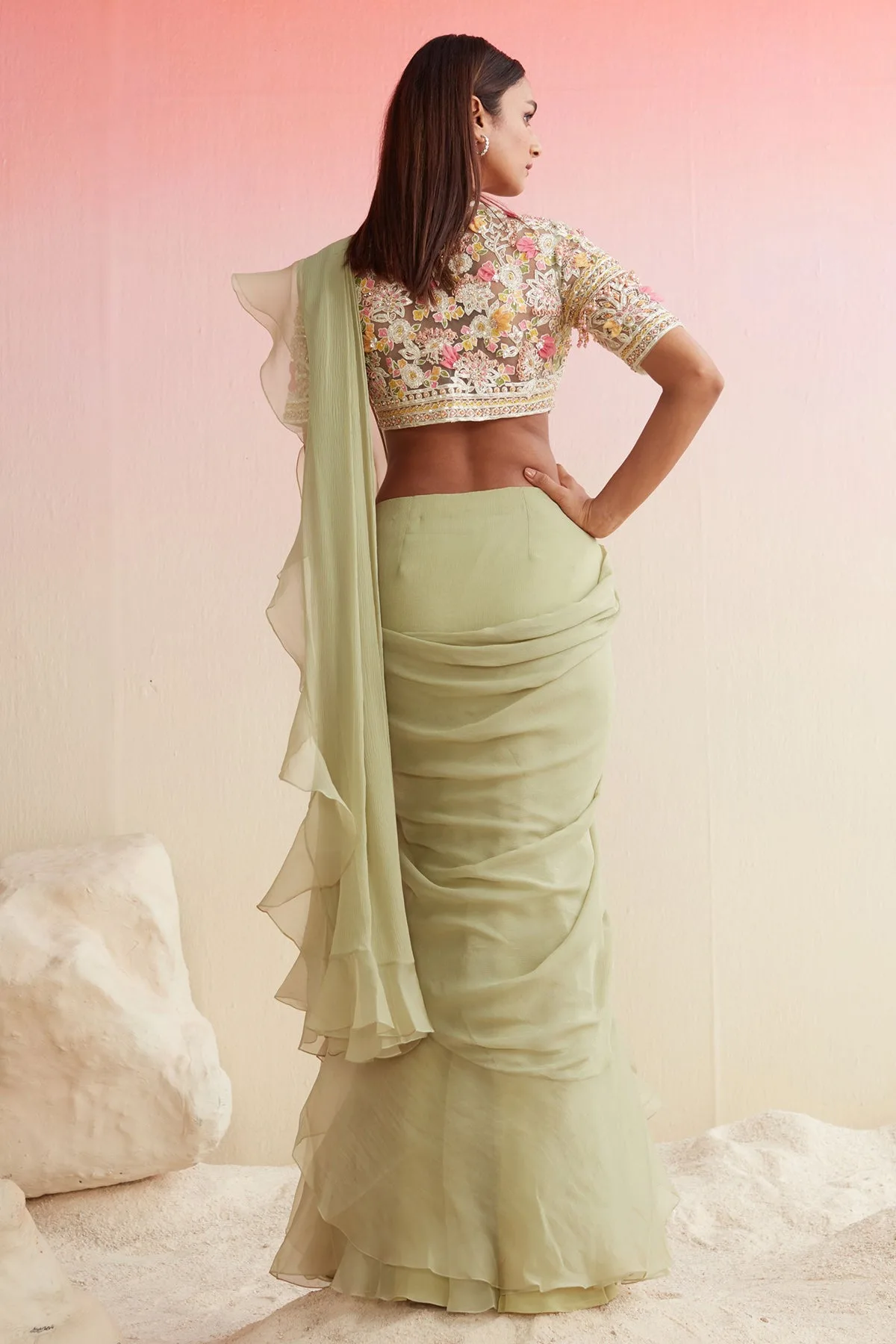 Aaira by Ridhi Mehra, mint green sari, view 3