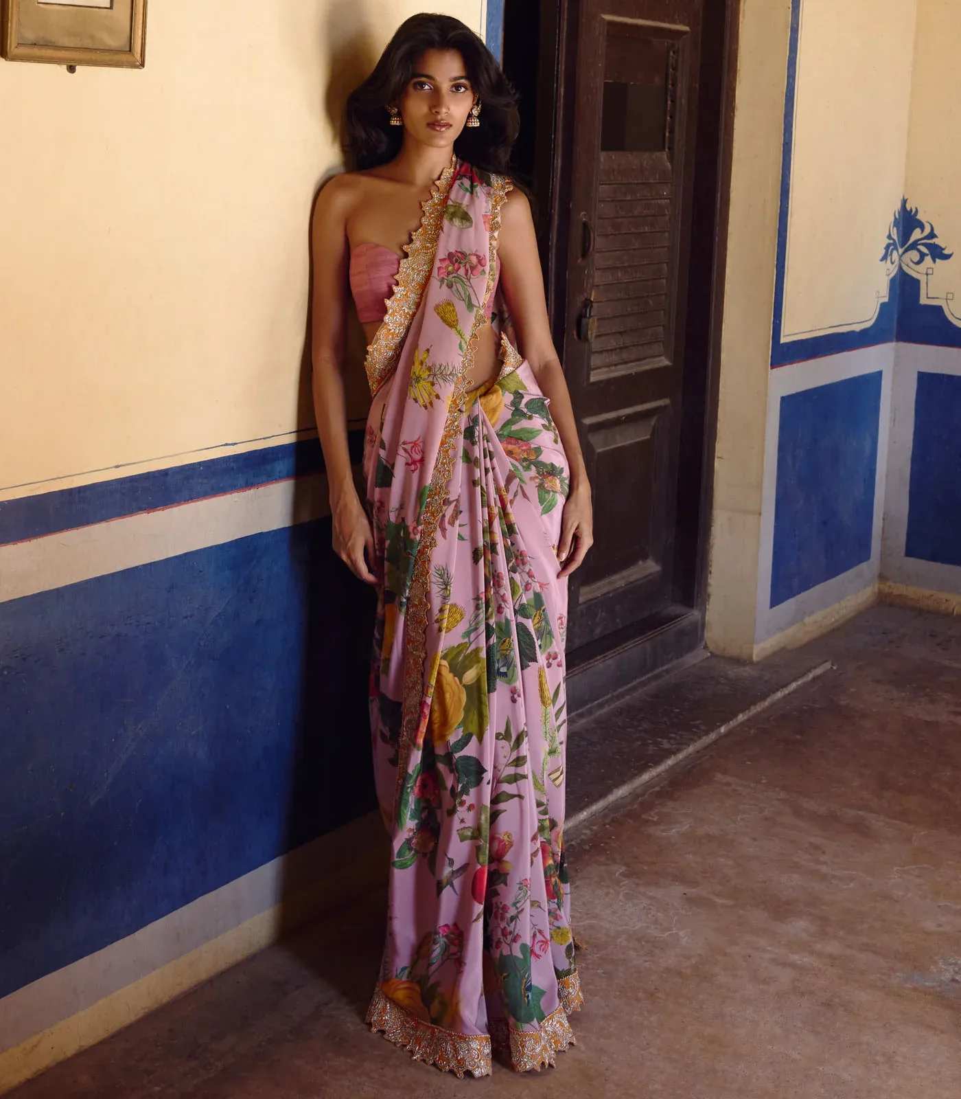 Dusty Pink Printed, Zardozi Border Saree Set by Anushree Reddy