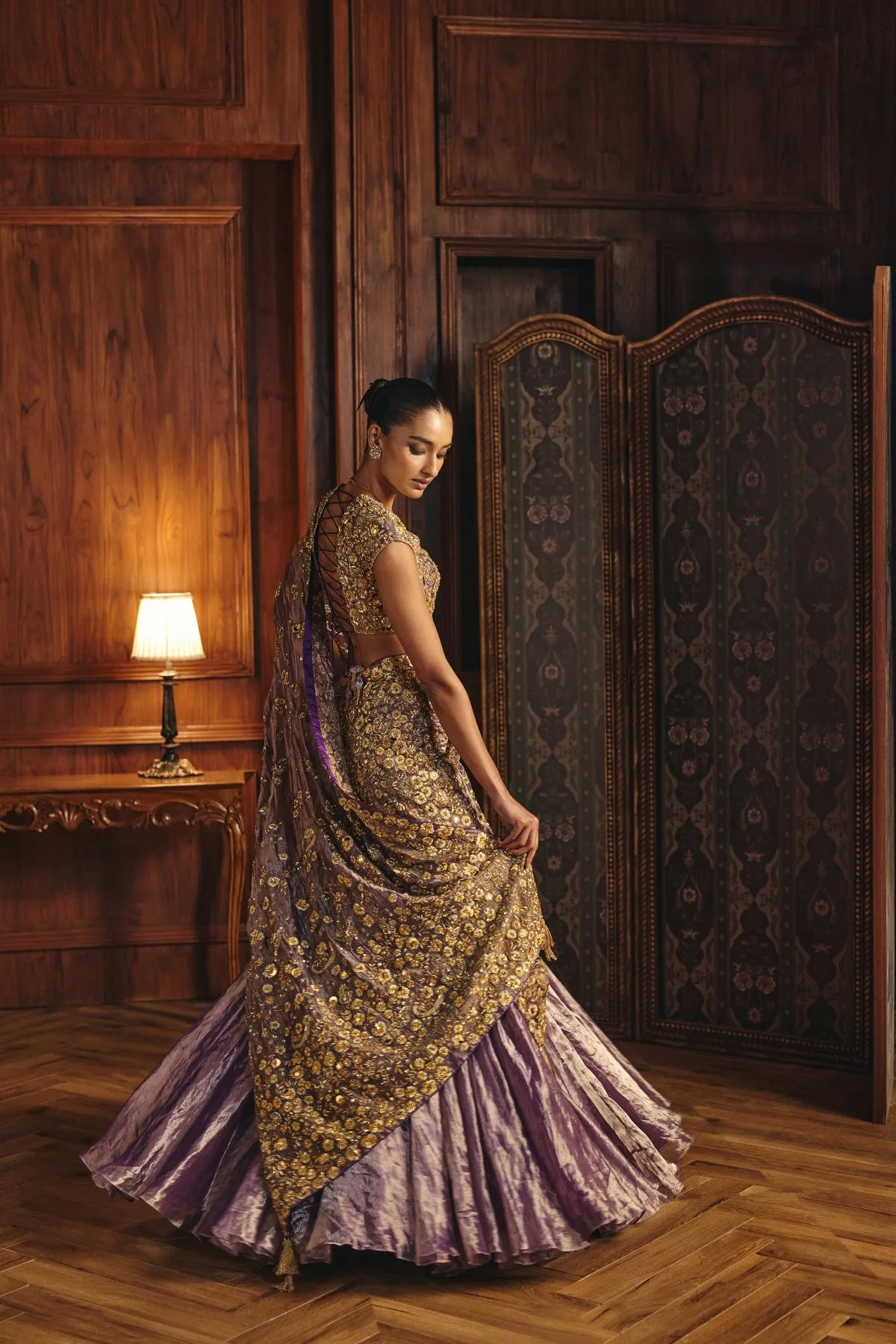 Inaam by Mahima Mahajan, gold lehenga, view 3