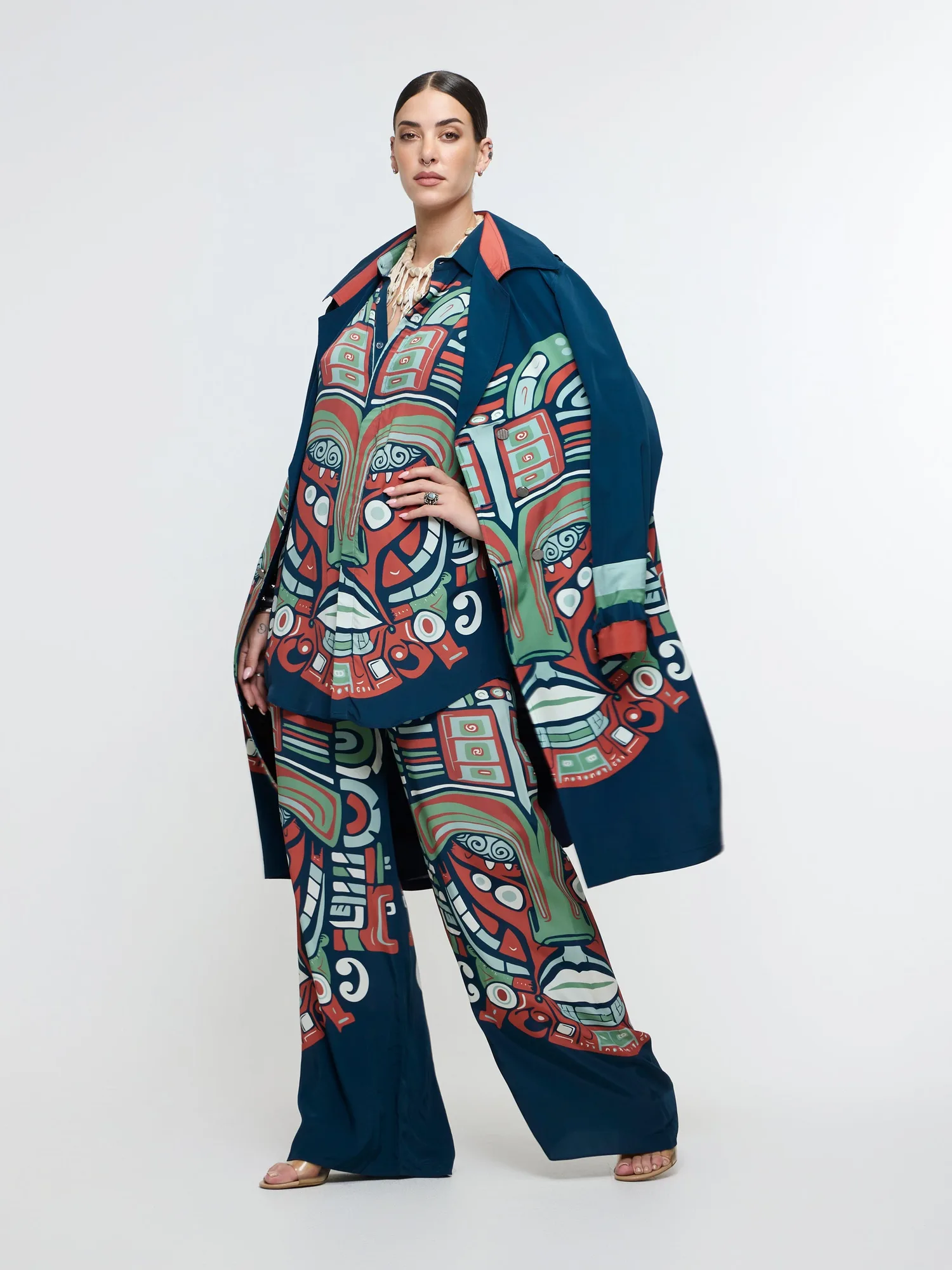 Midnight Blue Printed Mask Trench Coat With Shirt And Pant. by SVA, midnight blue jacket set, view 4