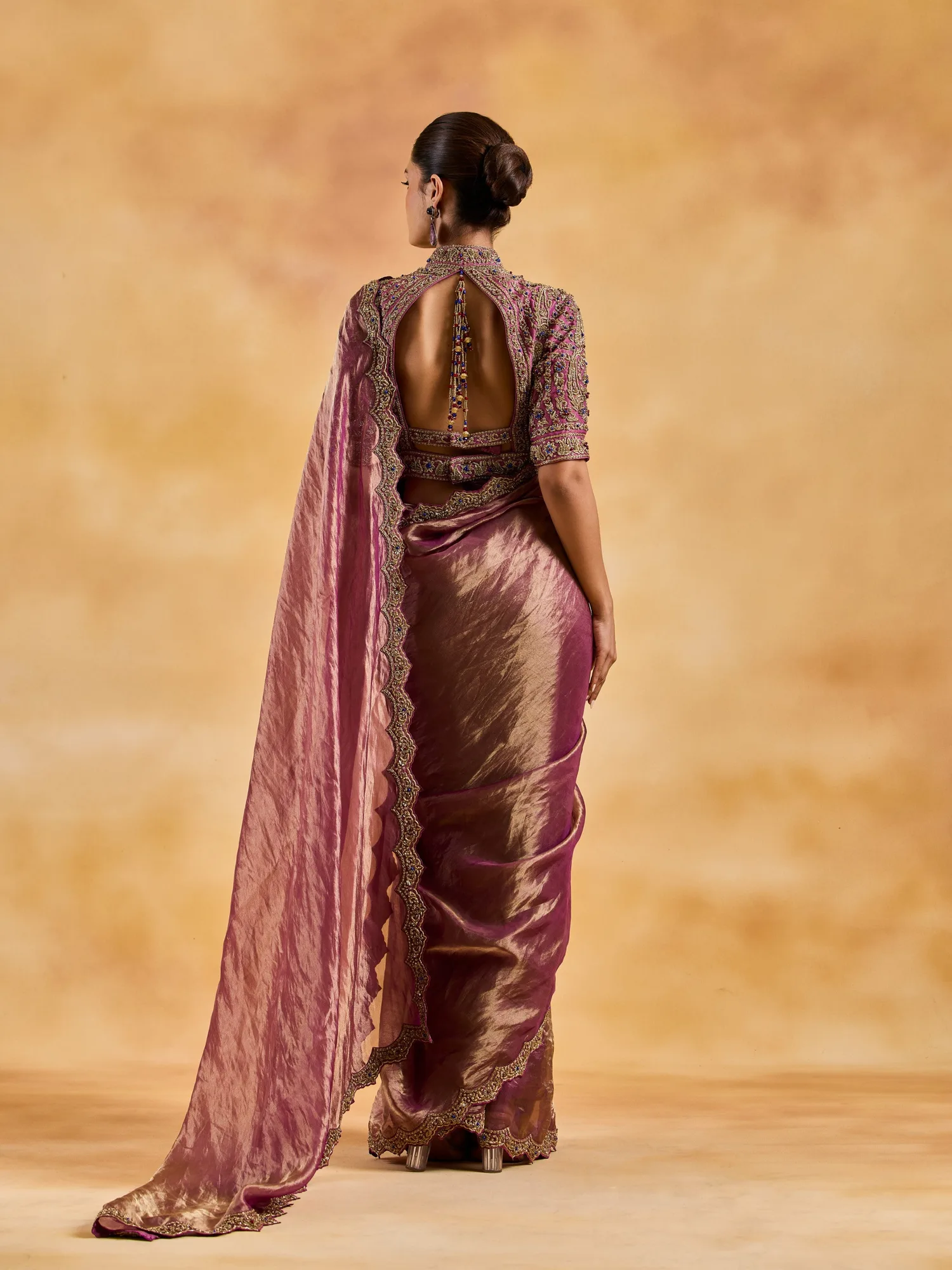 Purple Benarsi tissue saree with Antique Zardozi embroidery by Nitika Gujral, view 3