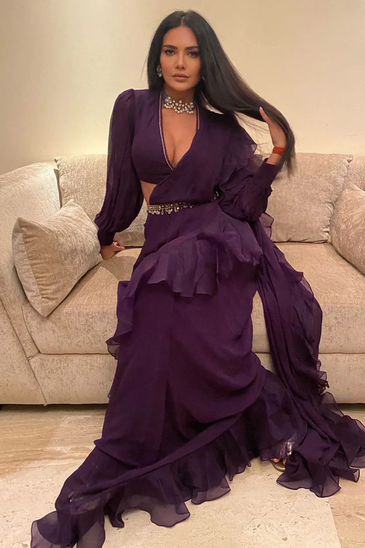Esha Gupta In Kairi by Ridhi Mehra, purple sari