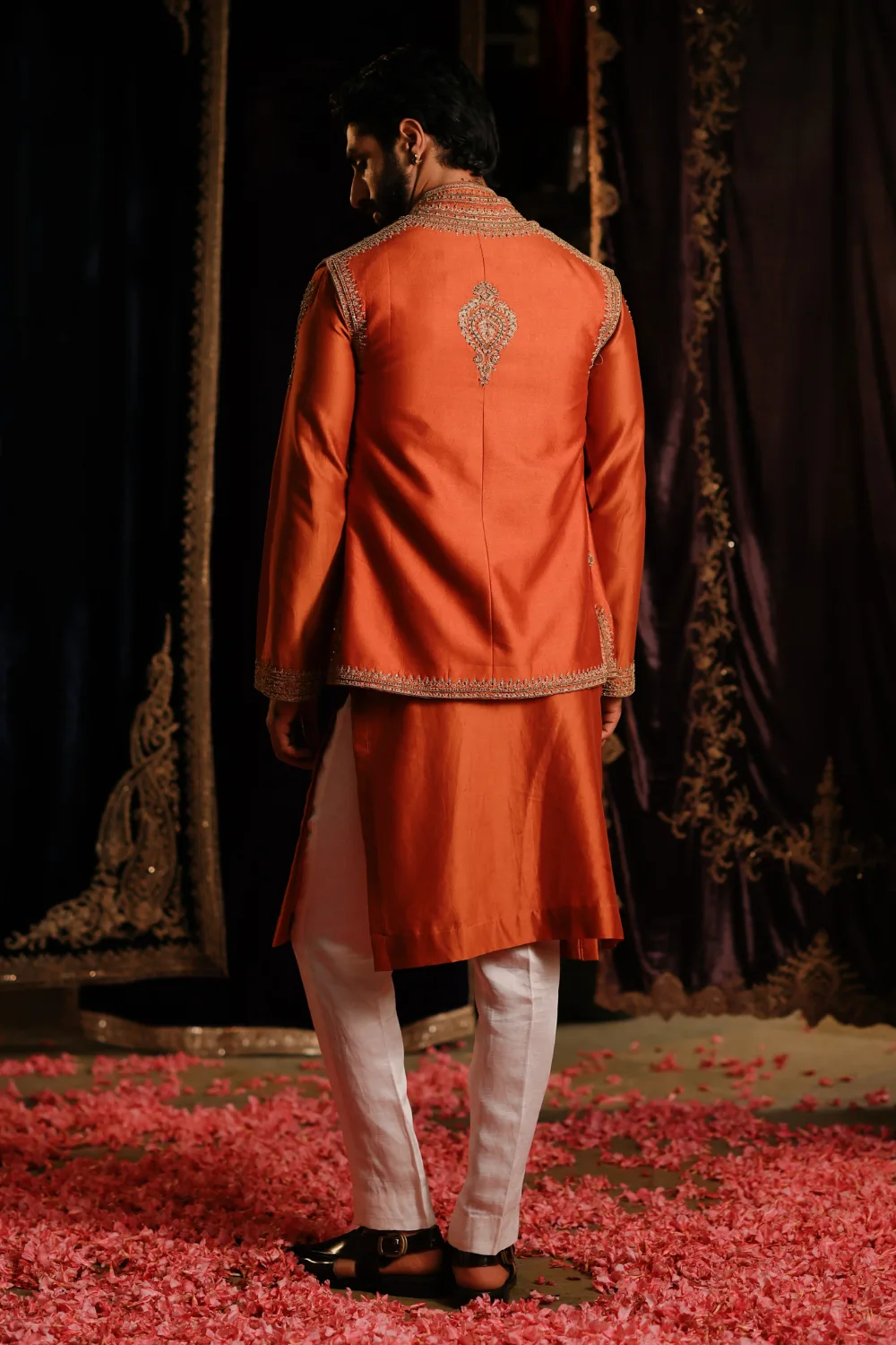 Zunaid Jacket Set by Jigar Mali in rust, view 3