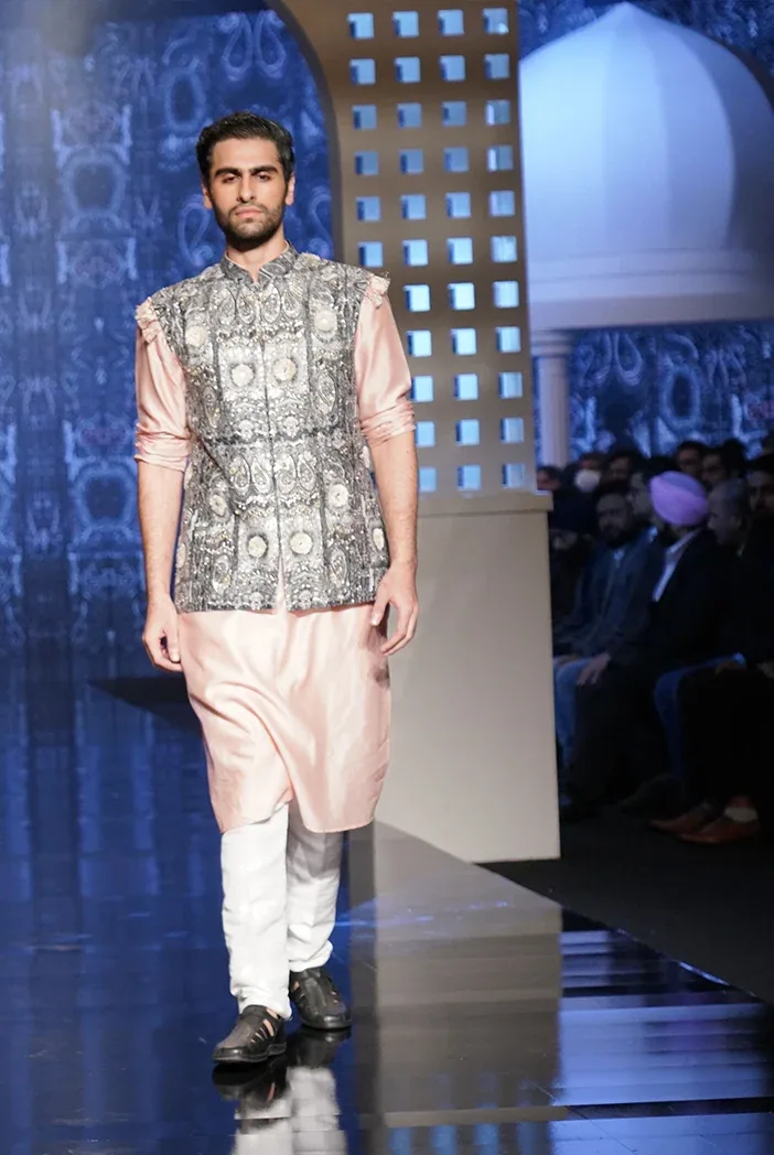 PS Men Zafar Printed Dupion Silk Embroidered Bandi With Rose Pink Colour Kurta and Off White Colour Breaches Pants by Payal Singhal