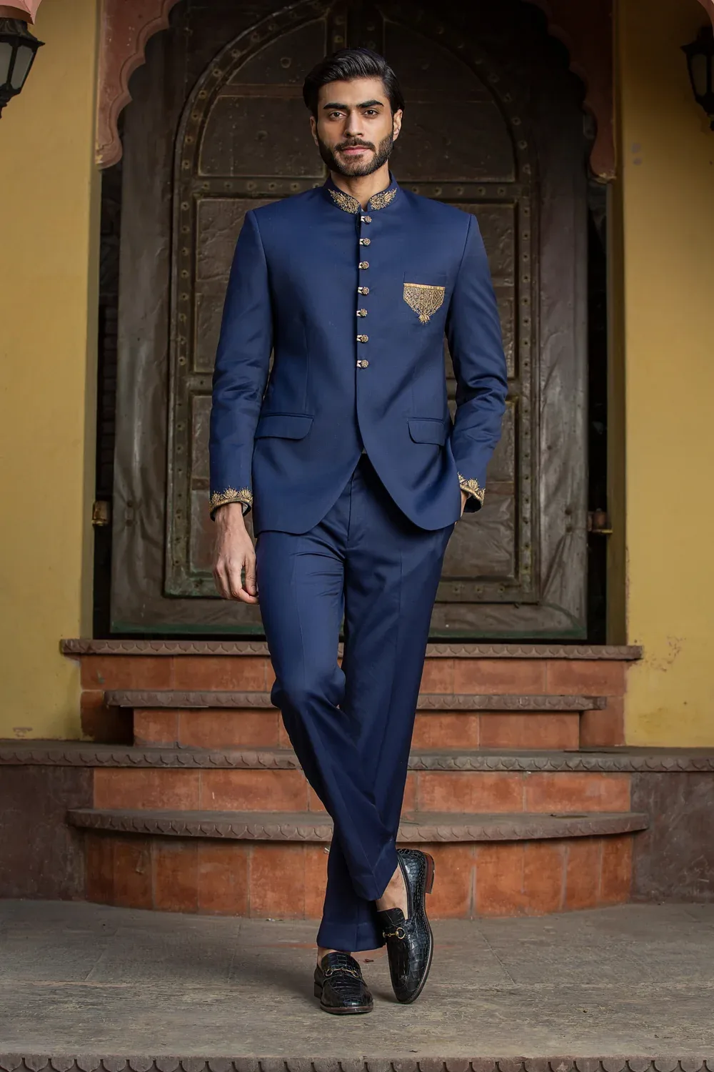 Navy Blue Jodhpur Suit Zardozi Embroidered by Nitika Gujral