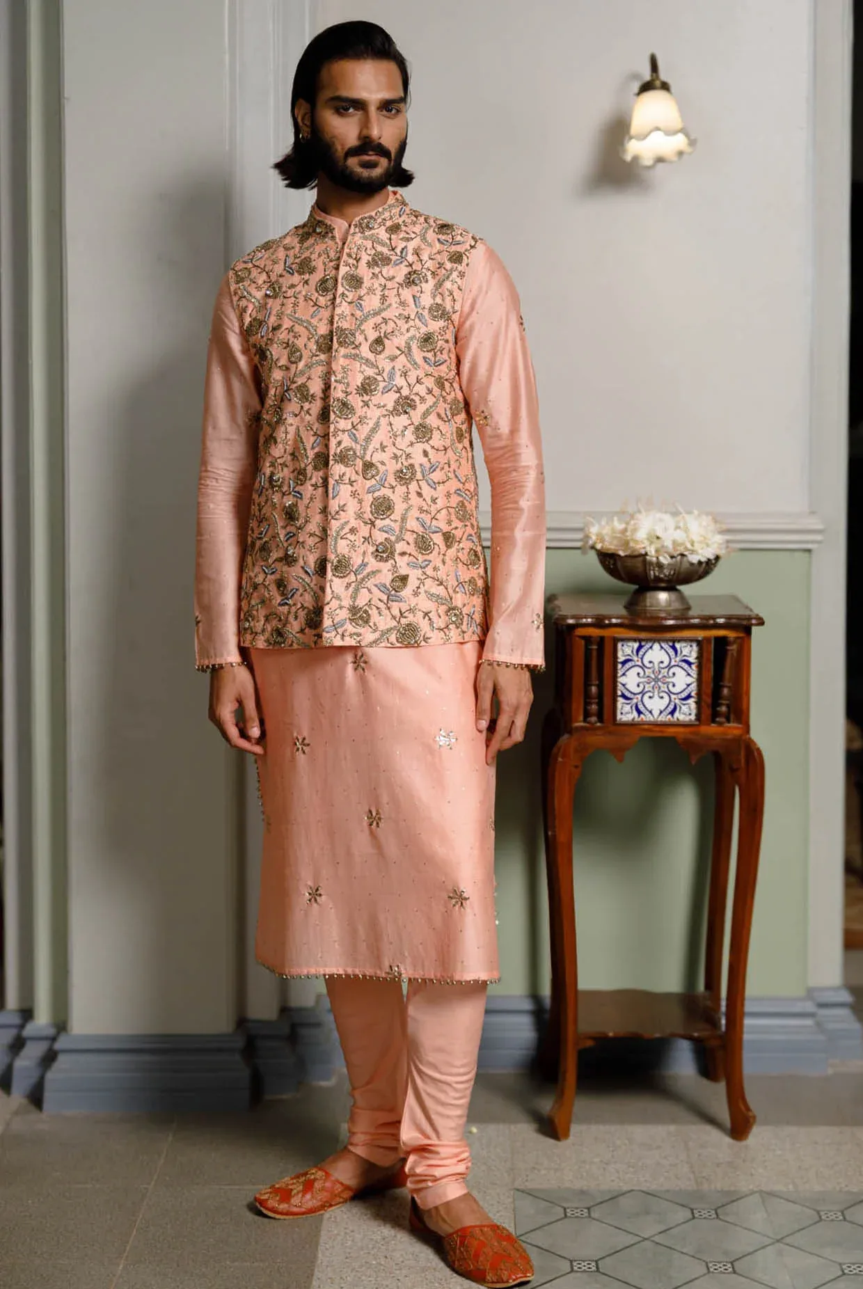 Peach Embroidered Bandi And Kurta With Cotton Silk Churidar by Payal Singhal