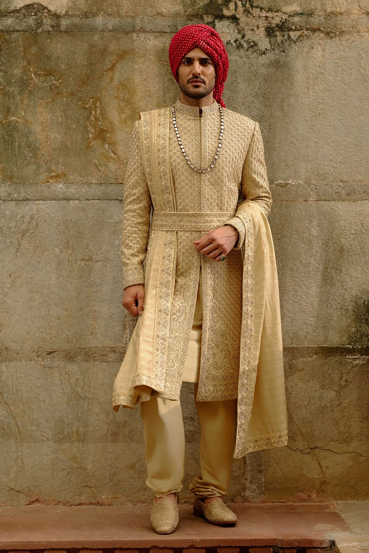 Gold Zardozi Raw Silk Sherwani Set by Nitika Gujral, view 2