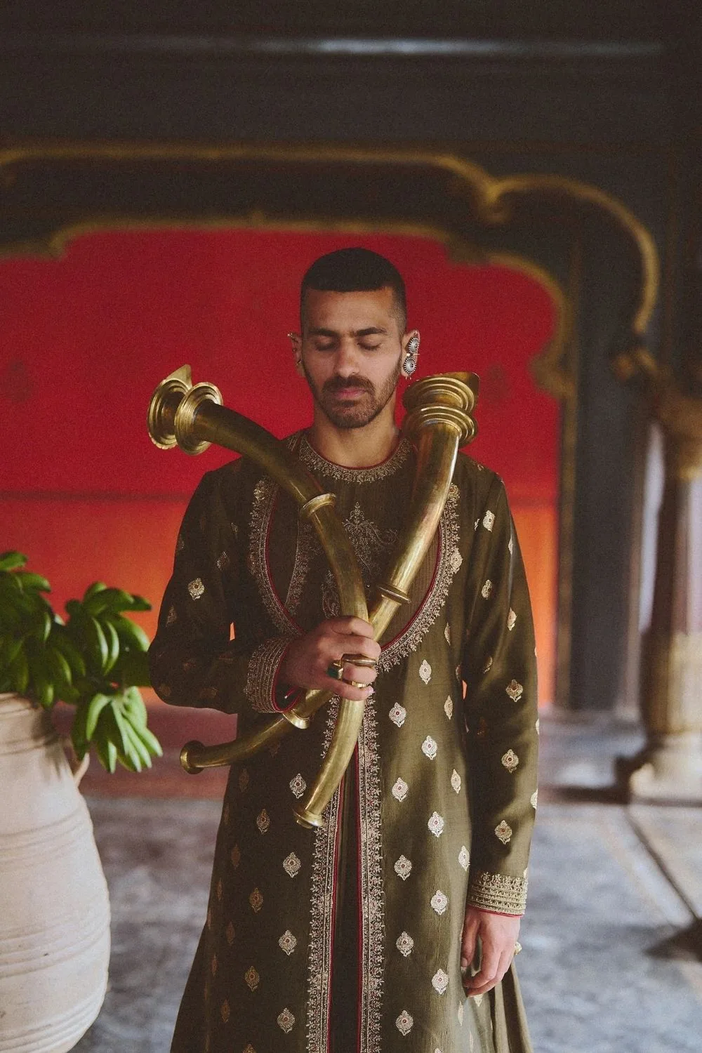 Yagya Angrakha by Jigar Mali, olive sherwani, view 3