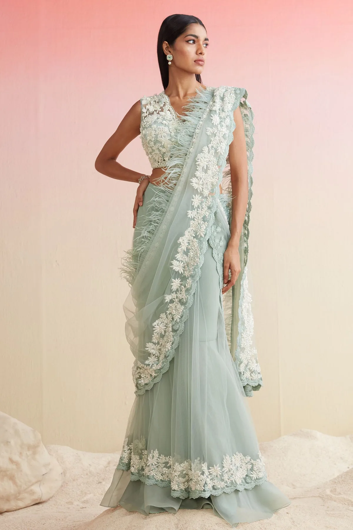 Ploma In Sea Green by Ridhi Mehra, sea green sari