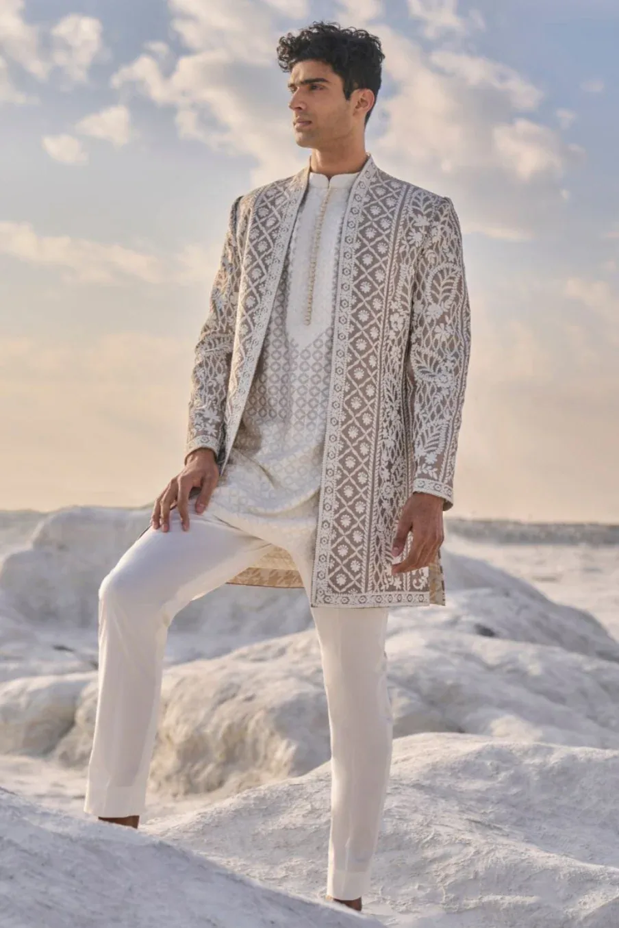 Nude Cream Open Sherwani Set by Seema Gujral