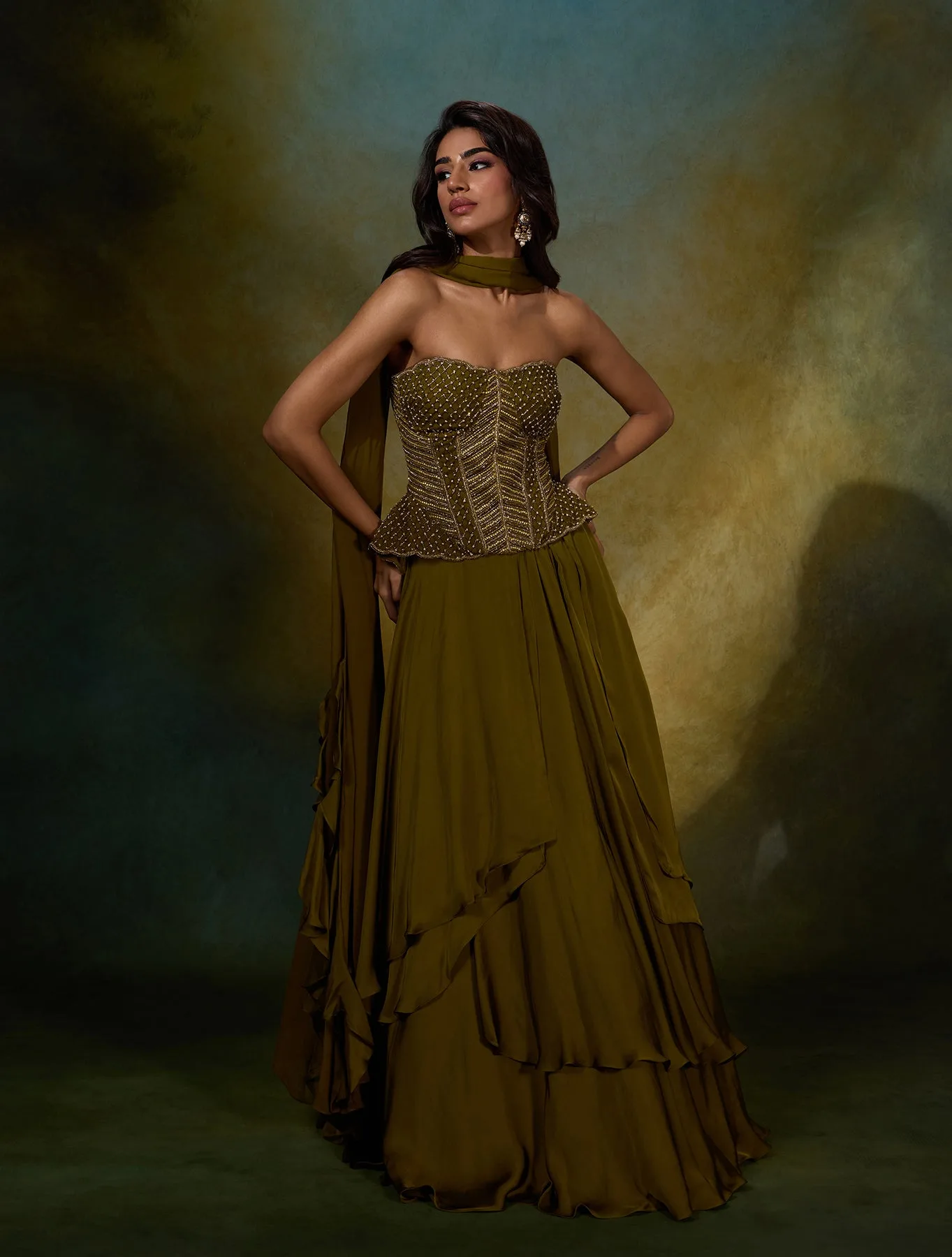 Arlette by Shloka Khialani, olive green skirt set, view 4