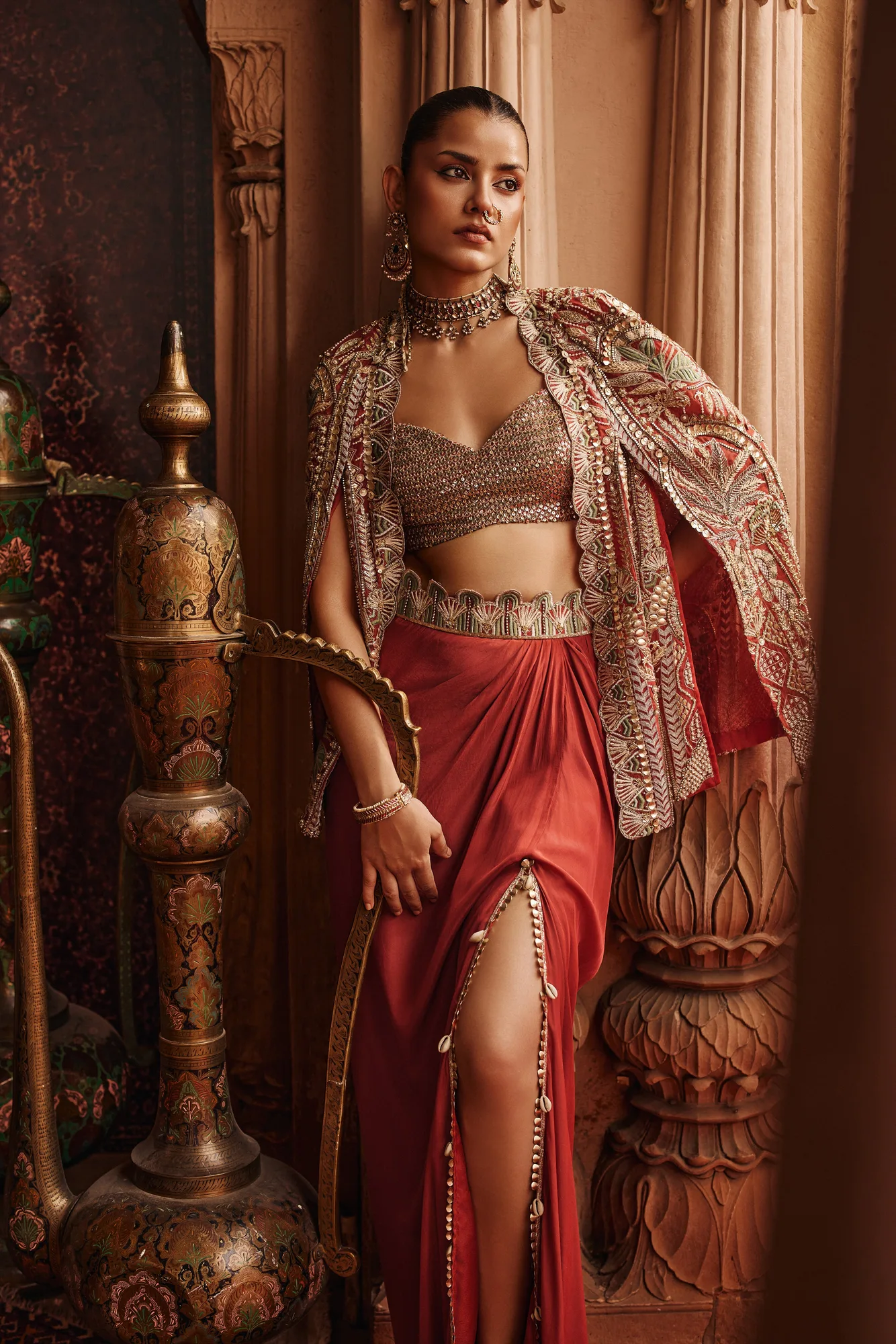Zareen Embellished Jacket Paired with Bustier and Slit Skirt by SVA