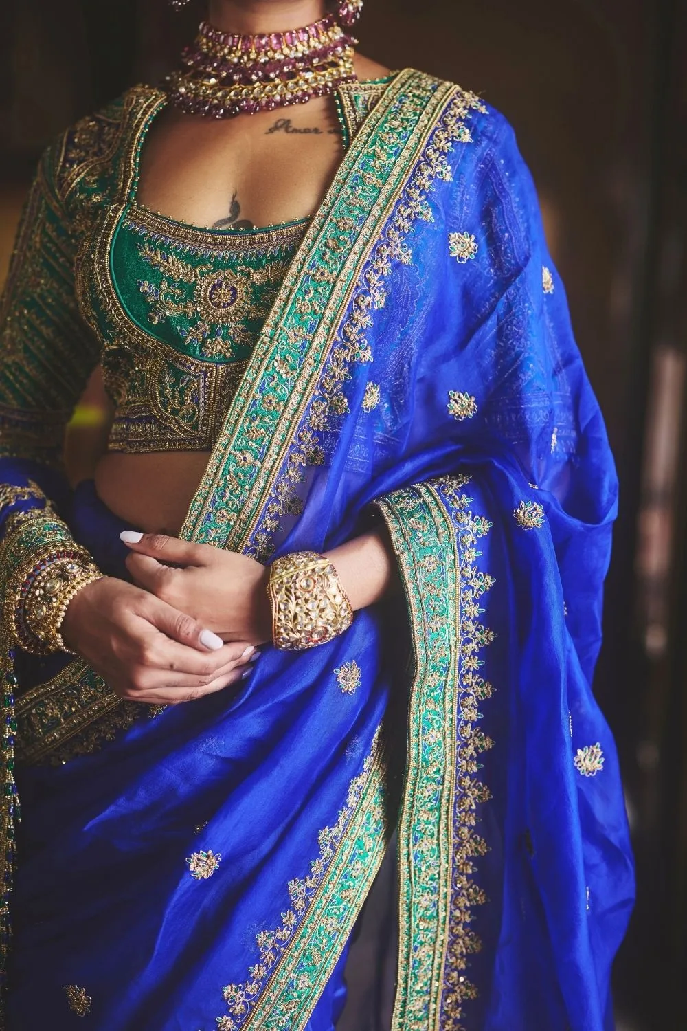 Saumya Silk Saree by Jigar Mali in peacock blue, view 4