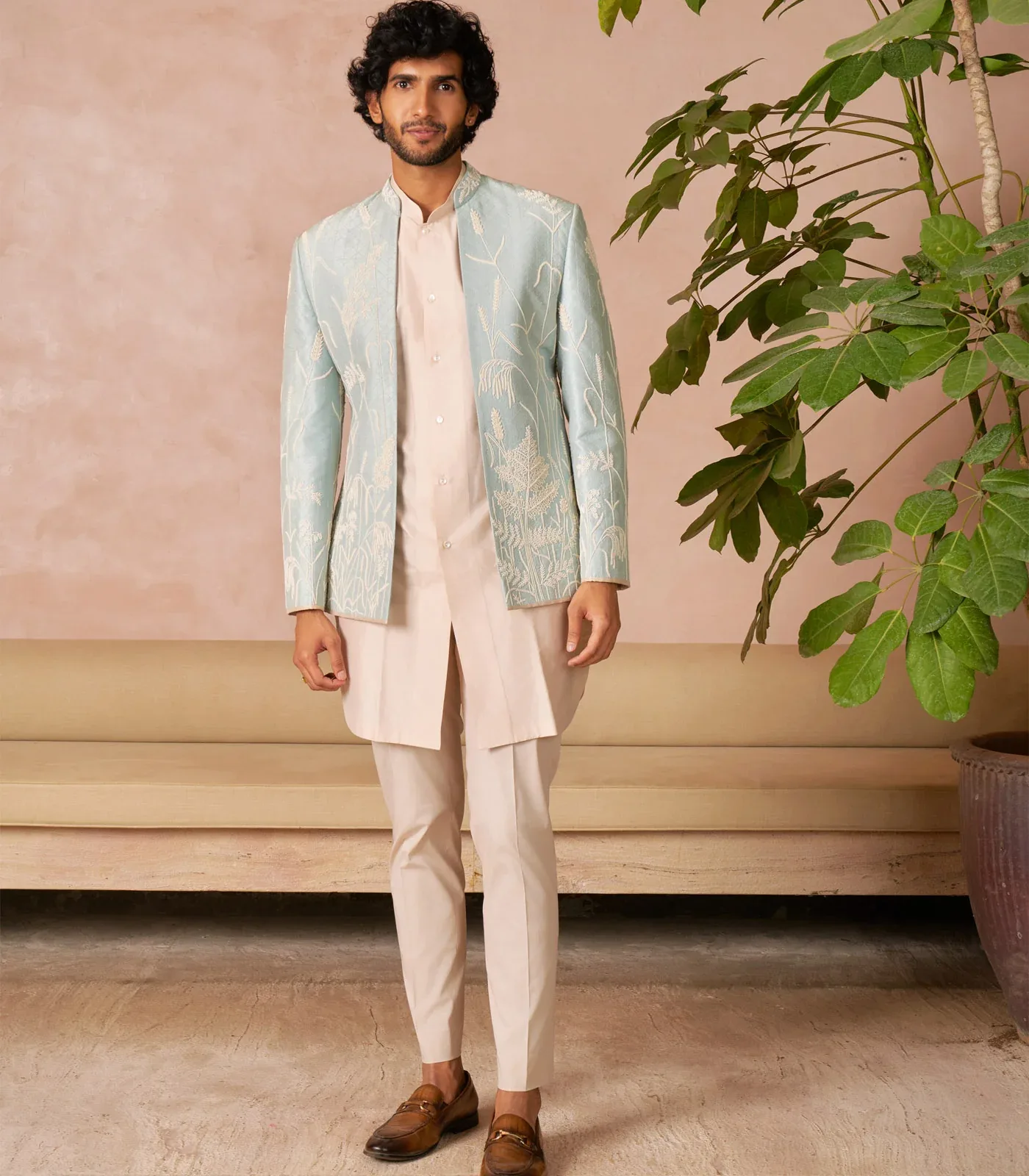 Aqua Blue Bandhgala Set by Anushree Reddy