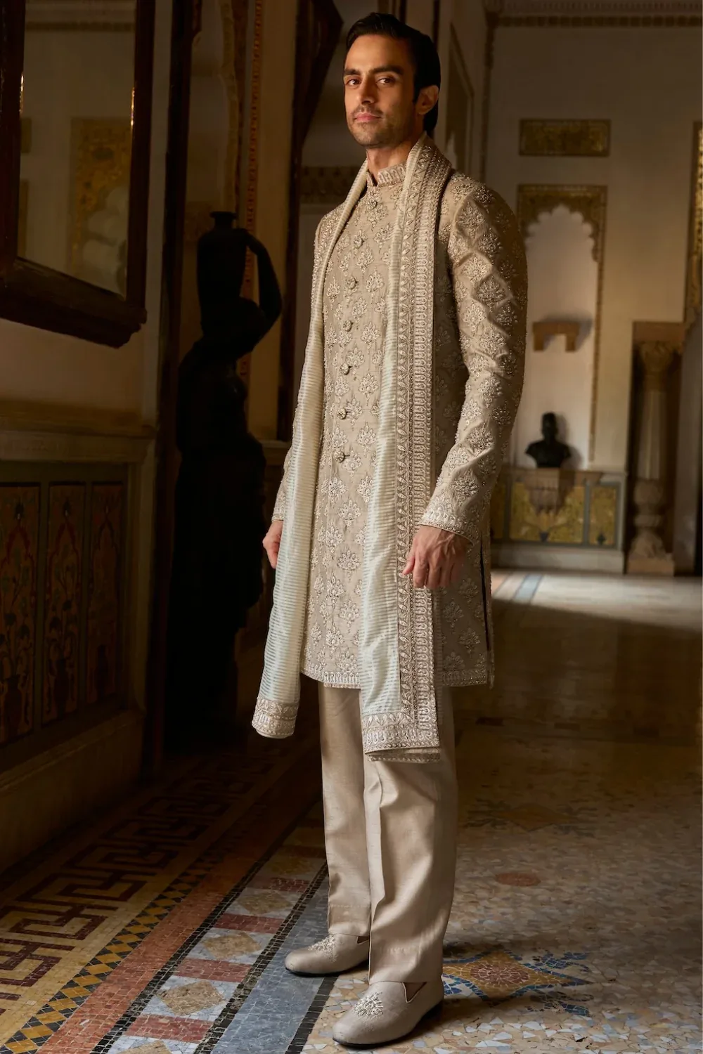 Ash Grey Sherwani Set by Seema Gujral