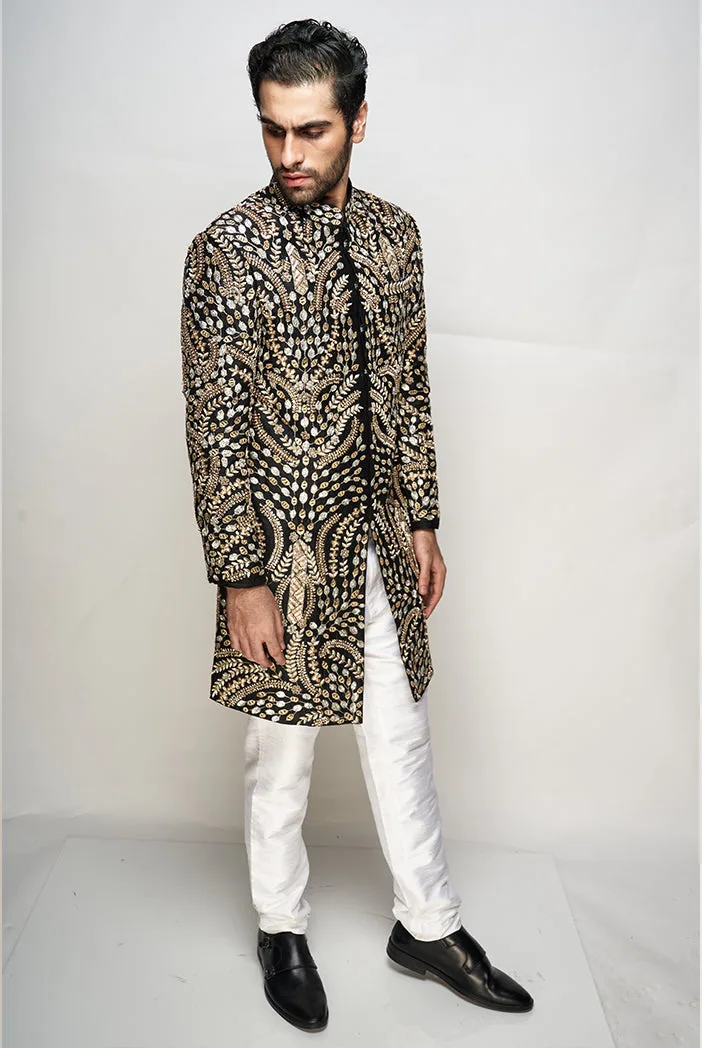 PS Men Kabir Black Colour Embroidered Sherwani with Off White Colour Pants by Payal Singhal, view 2
