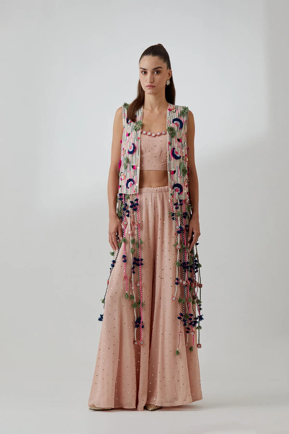 Stone Georgette Embroidered Jacket With Blush Pink Mukaish Georgette Bustier And Sharara by Payal Singhal