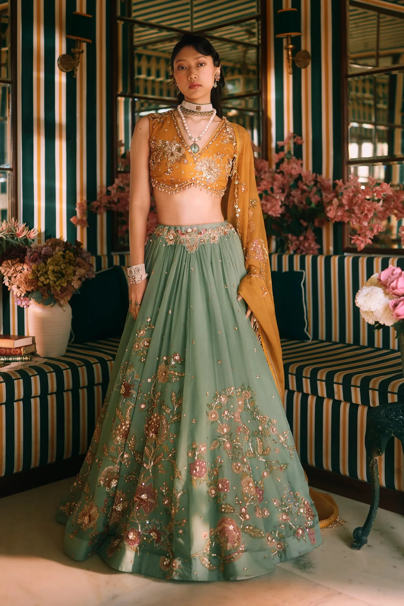Ciel Lehenga Set by Paulmi And Harsh in jade